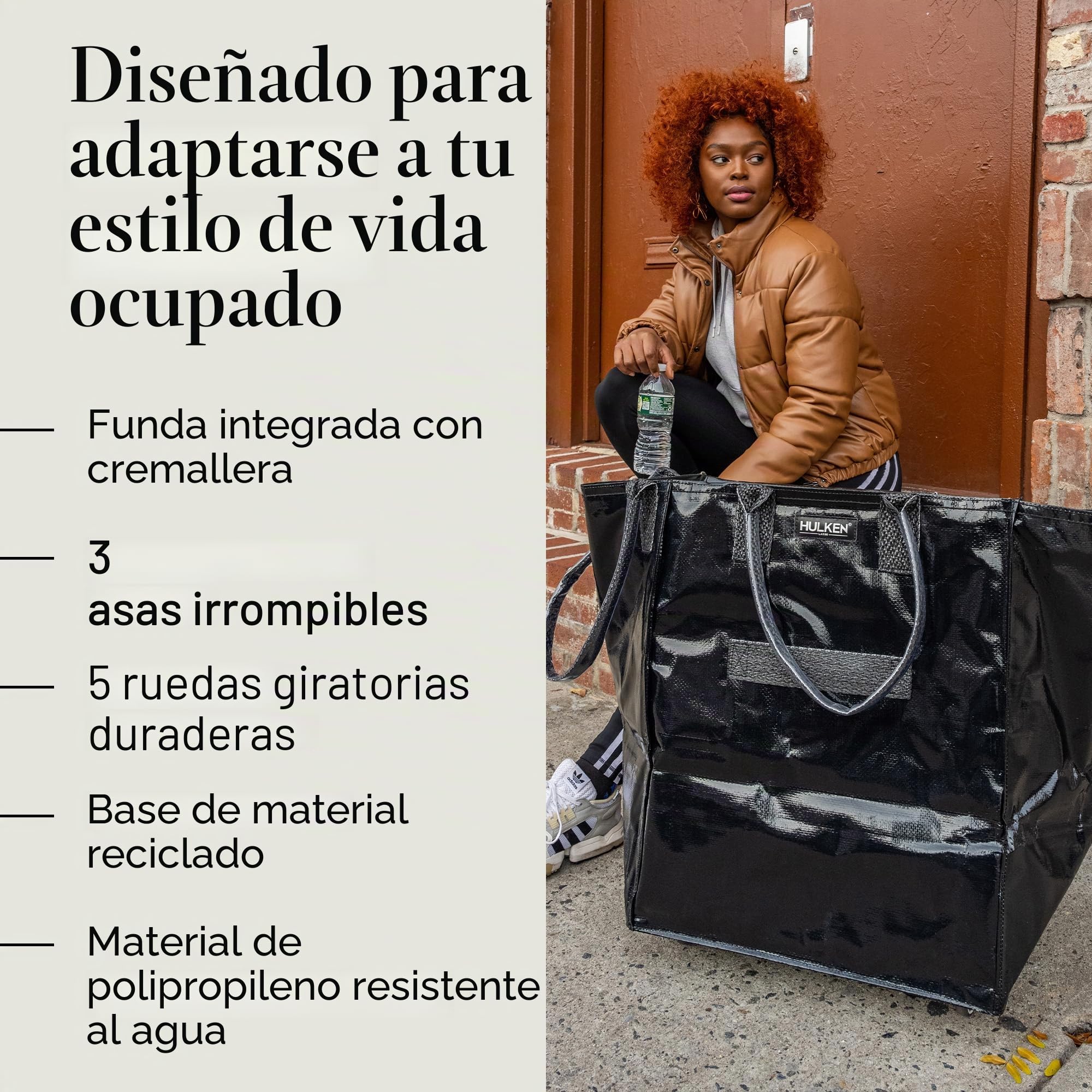 HULKEN - Bolsa de la compra grande y reutilizable con ruedas, carrito de la compra, bolsa giratoria, cierre de cremallera, ligera, soporta hasta 29,9 kg, plegable plana, asas irrompibles