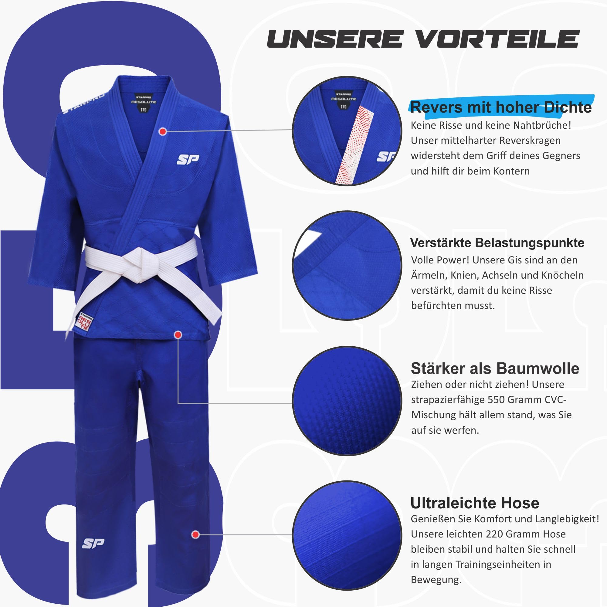 Starpro Judoanzug für Kinder & Erwachsene – Baumwoll-Polyester-Mischung, 350 g/m², Größen 110–200 cm, Blau, 120cm