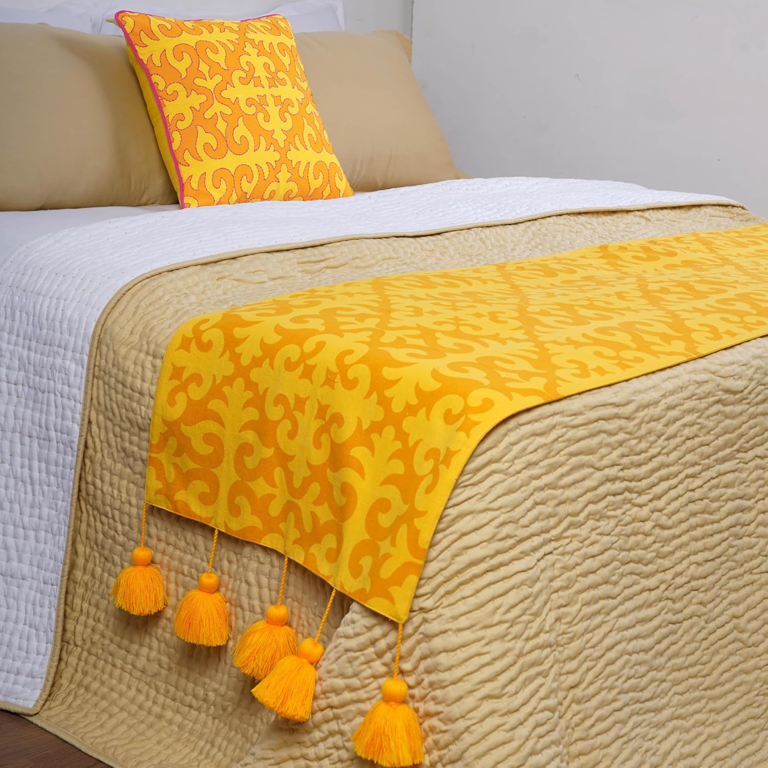 SHYRDAK Printed Cotton Bed Runner Set with Pillow Cover and Tassels, Geometric Pattern, Multiple Sizes and Colors Available (Turquoise, Twin)