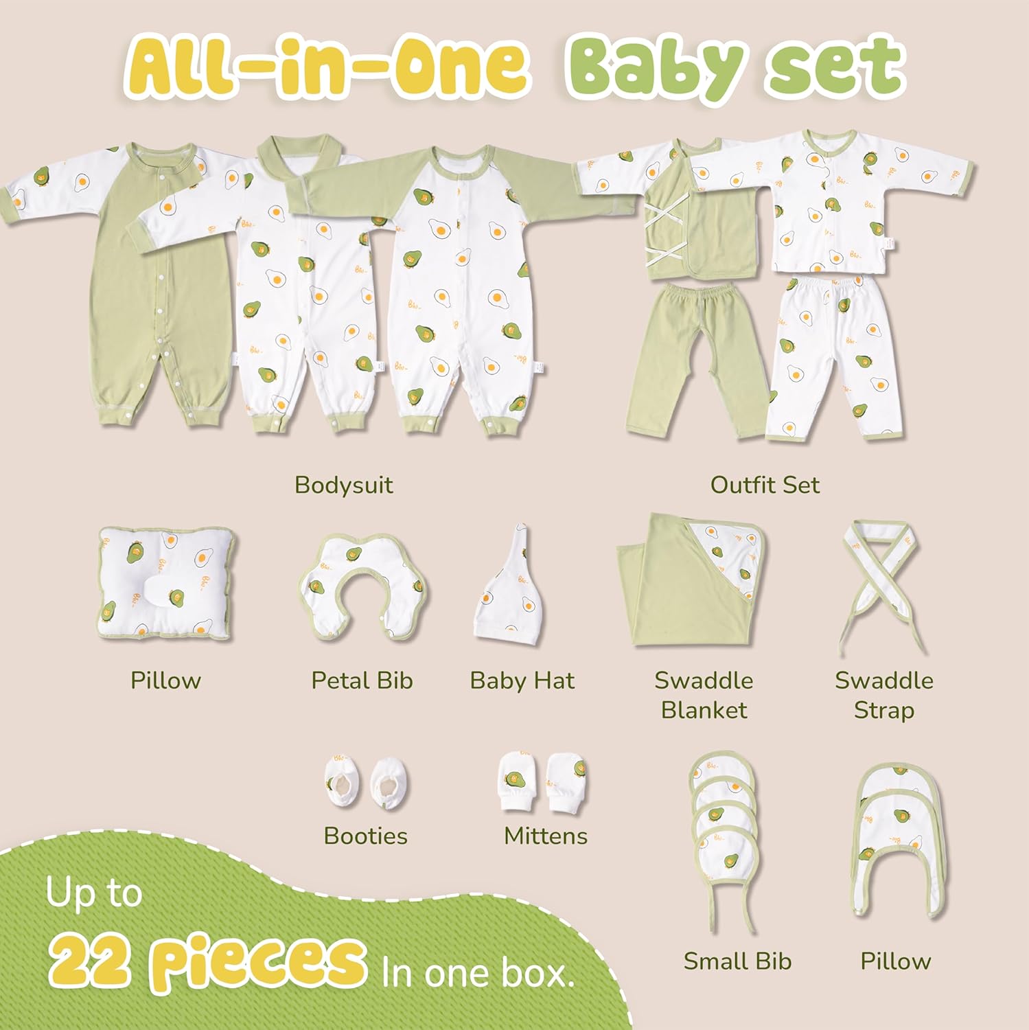 Neo Life 22-Piece Organic Cotton Newborn Gift Set with Keepsake Box, Avocado Print, All-Season, Unisex 3–6 Months