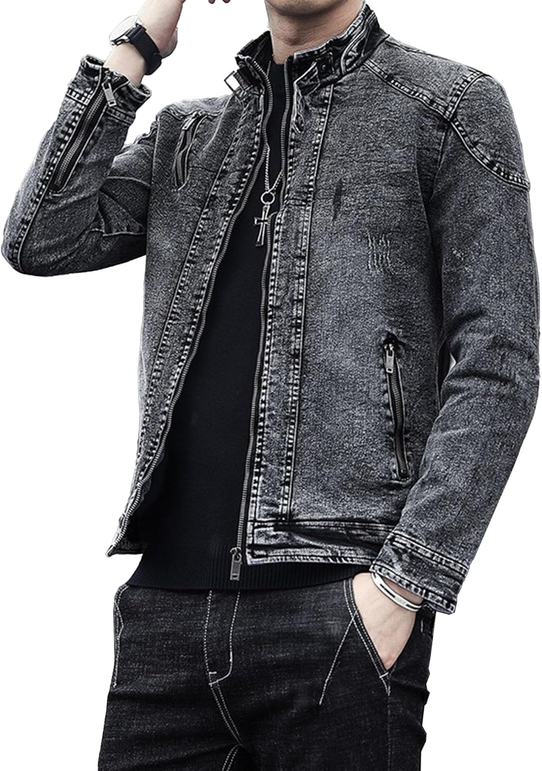 Men's Vintage Stand Collar Denim Jacket Motorcycle Slim Zipper Jean Jackets Slim Fit Fashion Jean Coat