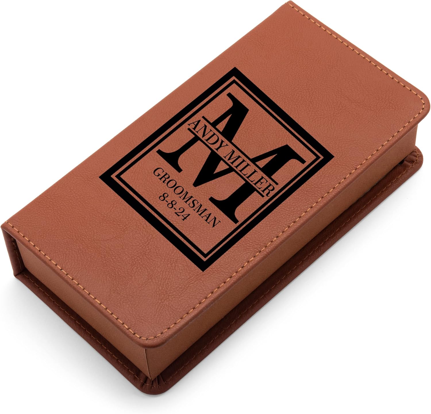 Custom Engraved Stainless Steel Cigar Tube Flask, Cutter, & Lighter Gift Set Leather Box Personalized (Block Initial Monogram Deluxe)