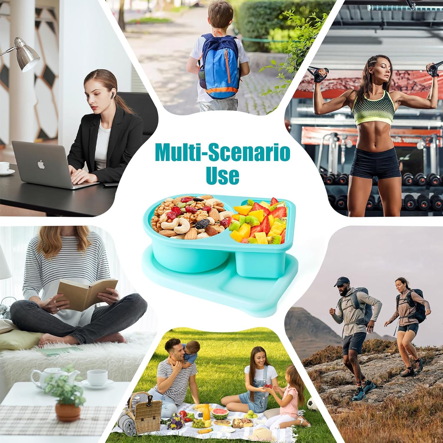 3 Pack Reusable Silicone Snack Containers with Lids, 8.5 OZ Double Compartment Snackle Box for Kids, Leakproof Small Snack Packs Container for Salad Dressing, School, Office, Travel, Picnic - Image 6