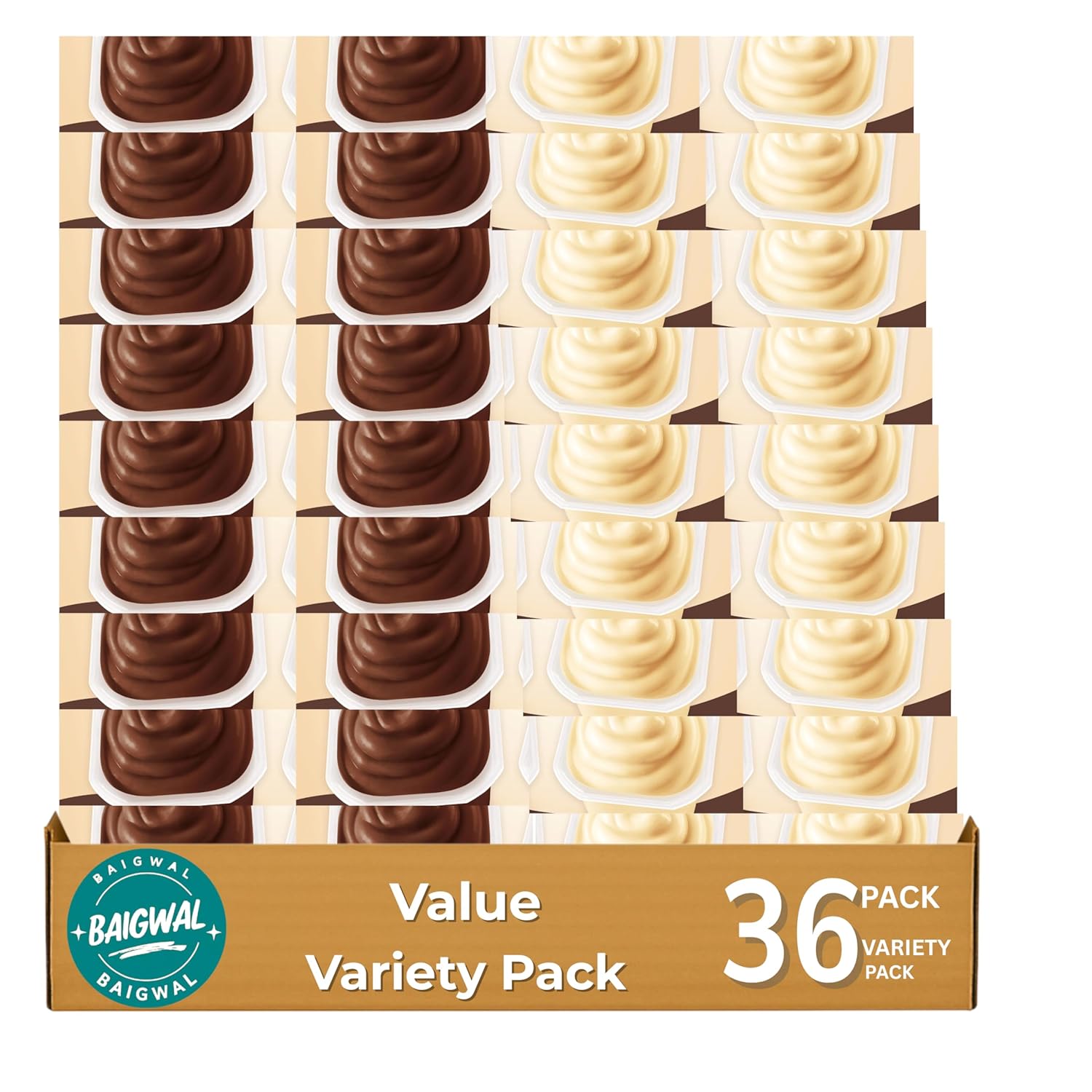 Baigwal Pudding Variety Pack, 36 Count 3.25oz Snack Cups - Ready-to-Eat Assorted Creamy Puddings for Lunchboxes & On-the-Go
