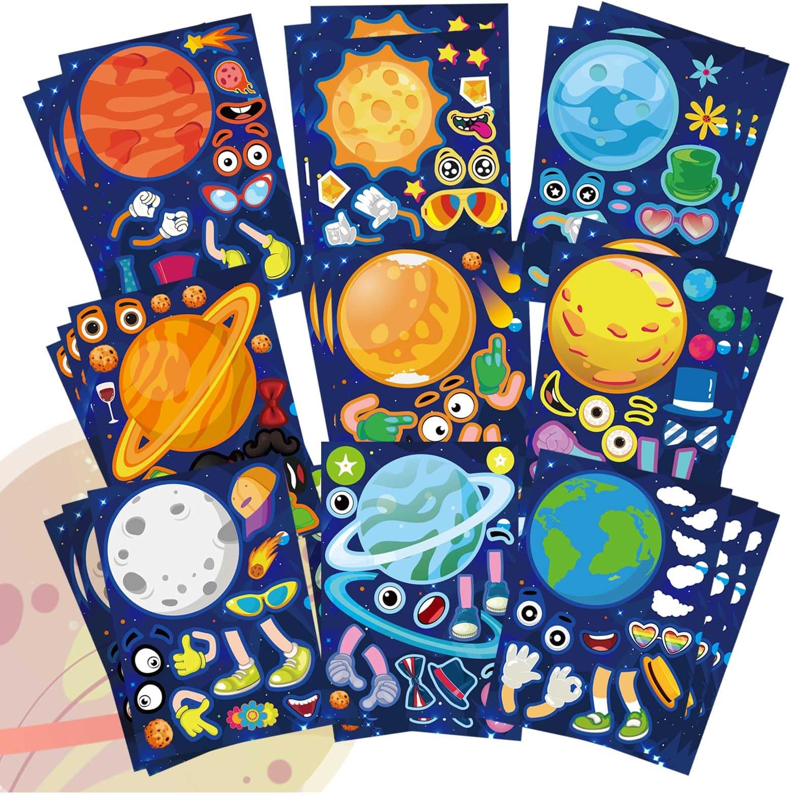 - 27 Sheets Space Stickers Make Your Own Planet Stickers Games,Easy to Peel and Stick,Make a face Outer Space Sticker for Kids,9 Planets Solar System Birthday Party Favor Sticker for Kids