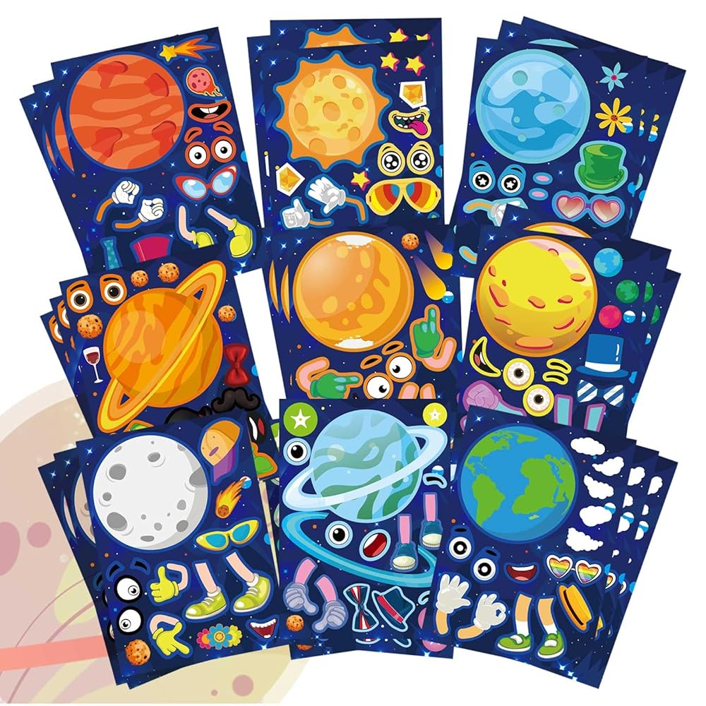 27 Sheets Space Stickers Make Your Own Planet Stickers Games,Easy to Peel and Stick,Make a face Outer Space Sticker for Kids,9 Planets Solar System Birthday Party Favor Sticker for Kids