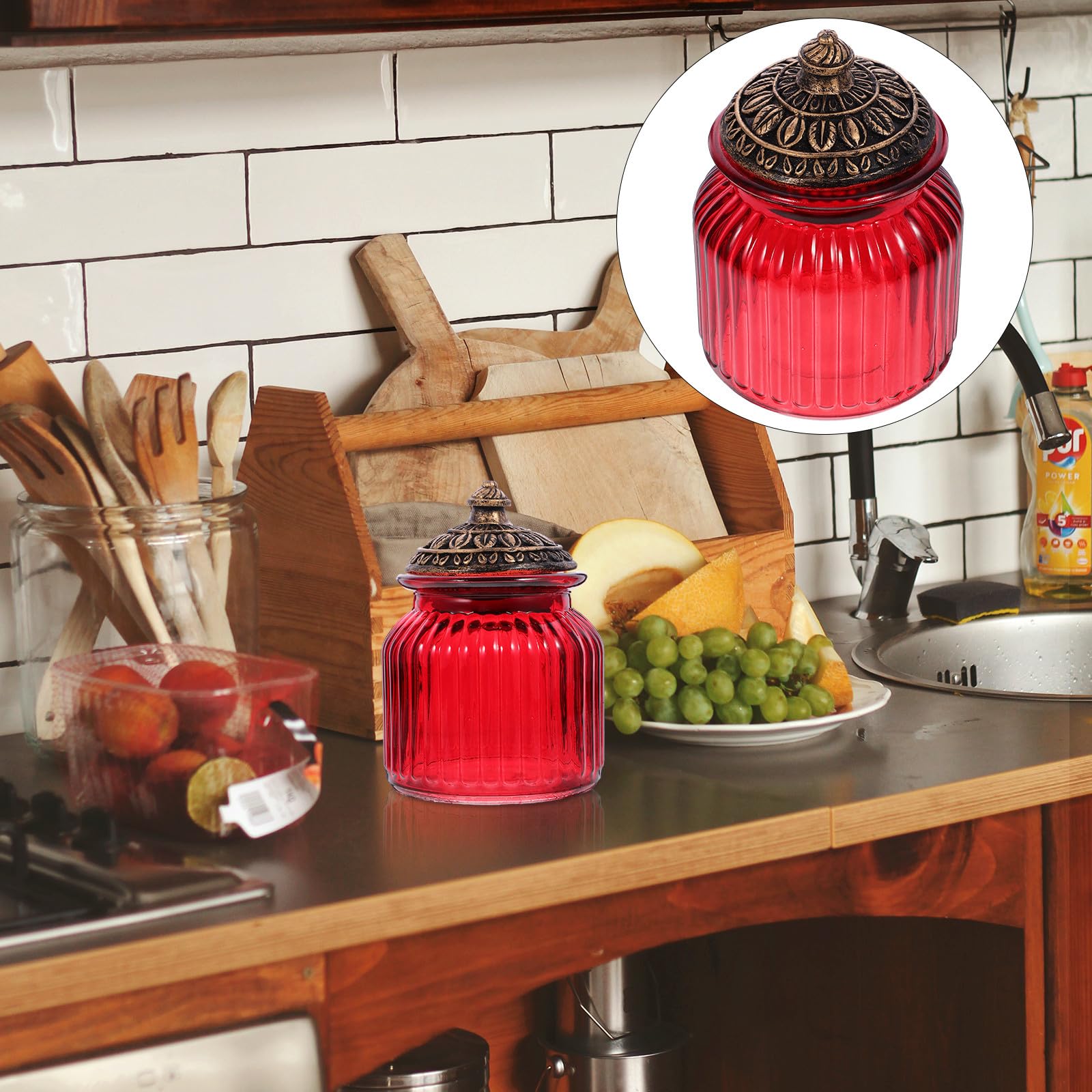 Garneck Recipiente de Almacenamiento de Vidrio Tapa de Resina Roja Sellado Hermético 11 CM de Diámetro X 145 CM de Alto Contenedor Multifuncional para Cocina y Hogar Adecuado para Té