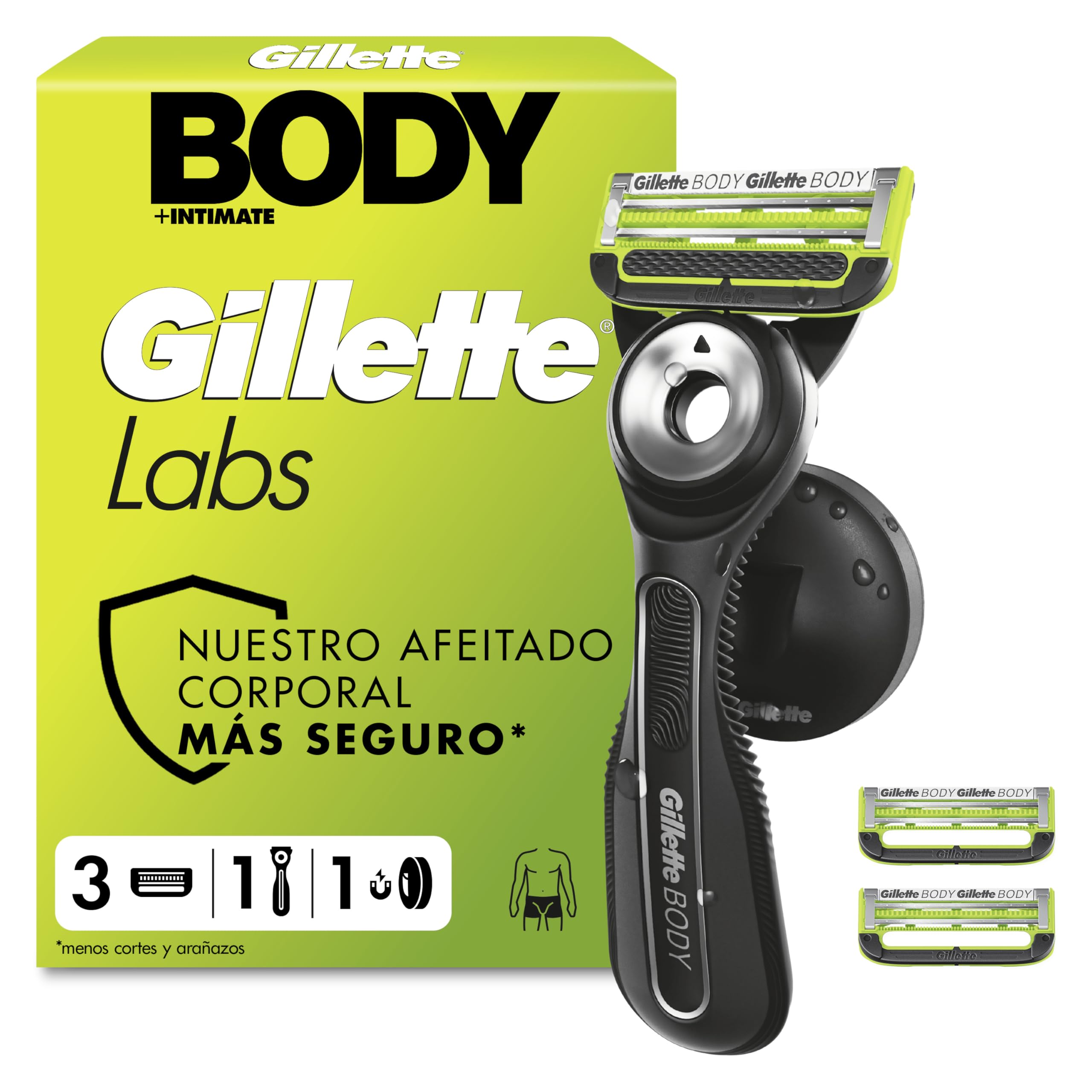 GilletteLabs Body + Intimate Maquinilla Corporal Hombre, 3 Recambios | Mango de Caucho, Cuchilla con Barra Anti-vellos Encarnados, Soporte Magnético, Depilación Íntima, Afeitado Corporal Masculino