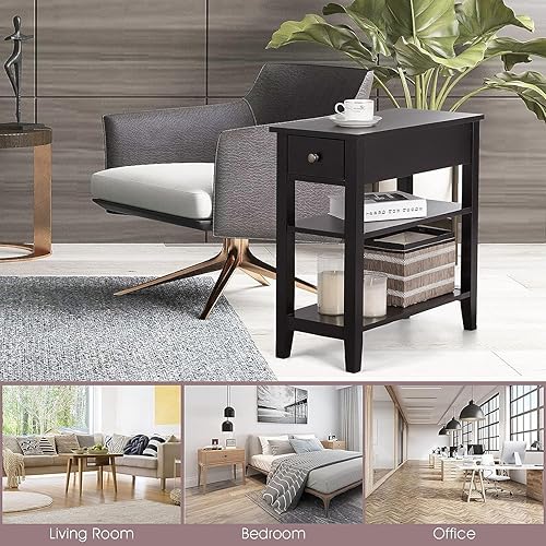 Miniatura 7 de GOFLAME Mesa auxiliar estrecha, mesa auxiliar delgada con cajón y 2 estantes de almacenamiento abiertos, mesita de noche pequeña para espacios