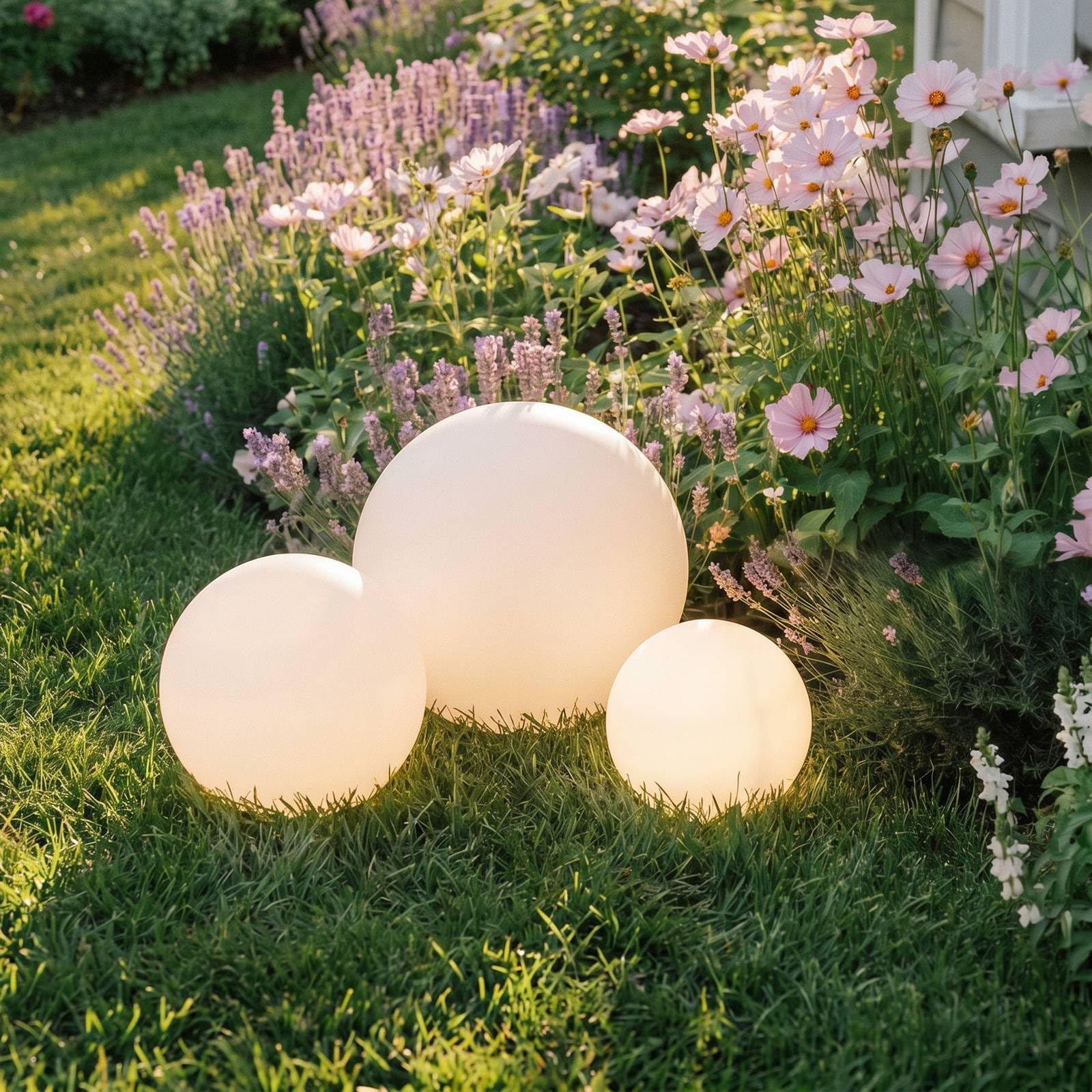 Lindby Moderne Lot de 3 lampes d'extérieur avec piquet de terre avec LED sur solaire - Lago Plastique Blanc Globe/Jardin/Luminaire/Lumiere/Éclairage
