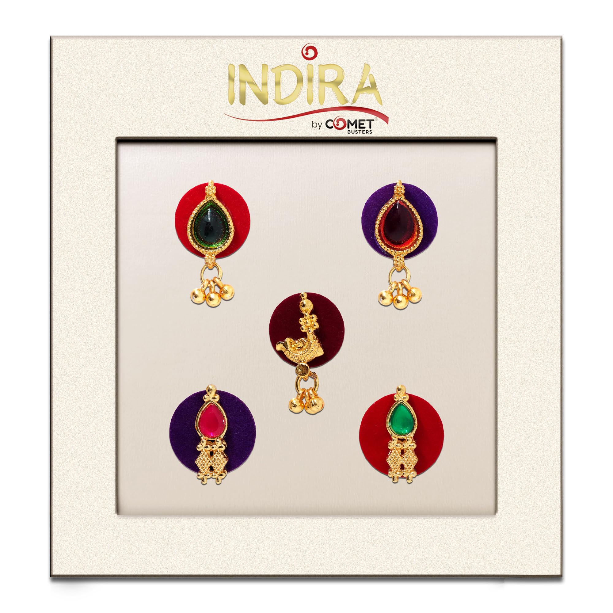 Indira by Comet Busters® Premium Velvet Ghungroo Bindis | Multicolor Designer Statement Bindi | 5 Bindis (INDIRA136)-picture-33