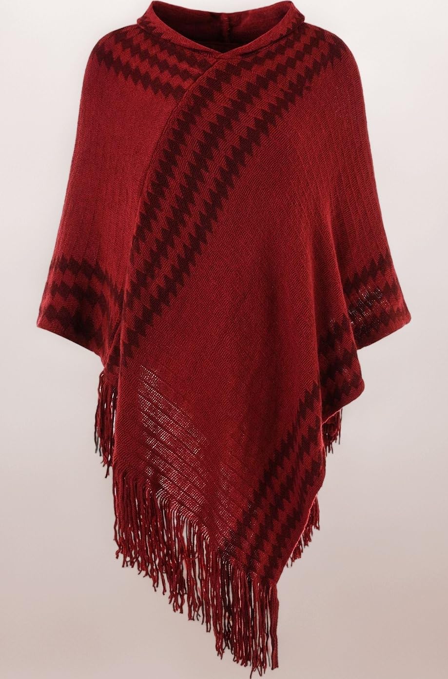 Ferand Women's Hooded Zigzag Striped Knit Cape Poncho Sweater with Fringes