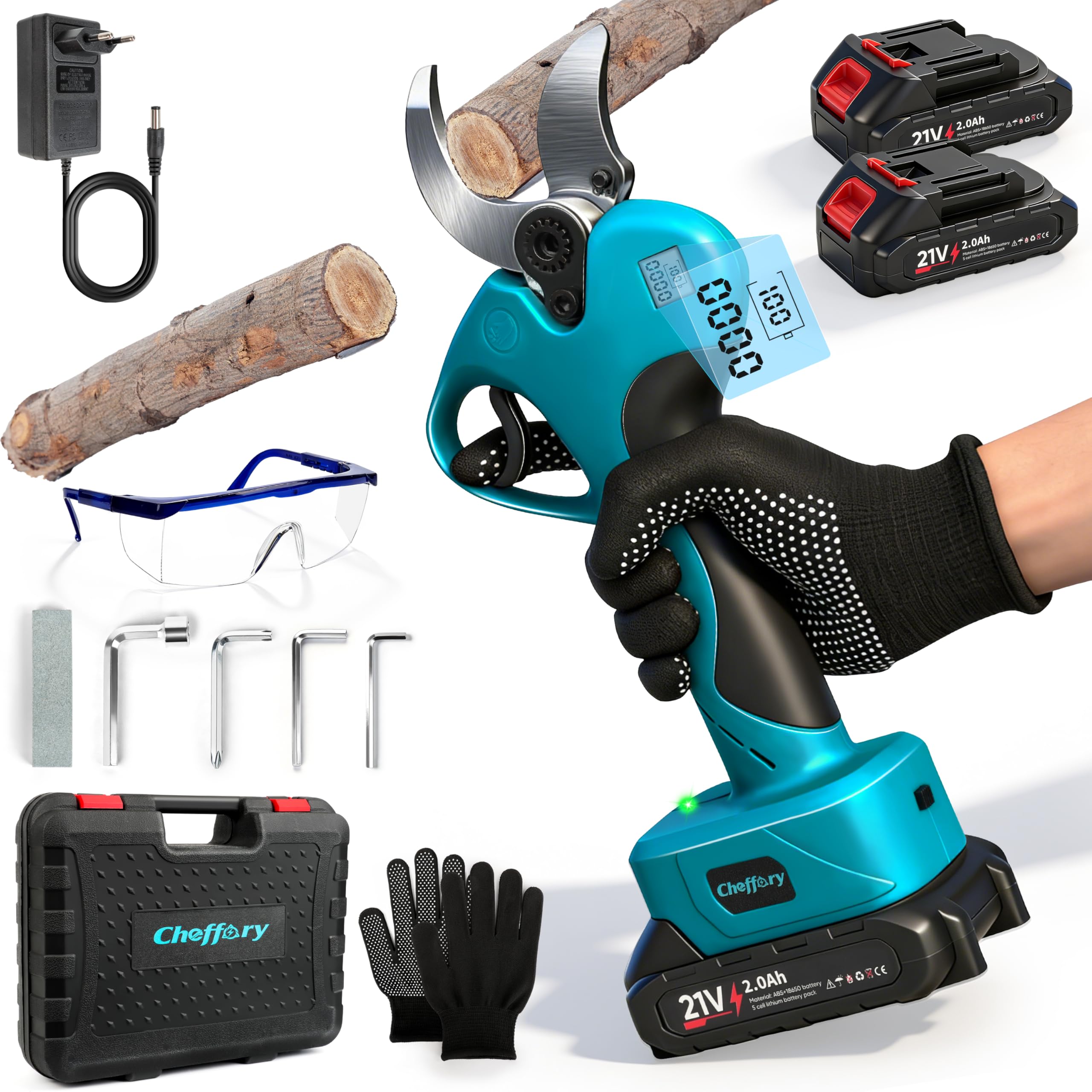 Secateur Electrique Sans Fil, 60mm Sécateur à Batterie avec Lames Sharp SK5 800W Moteur Sans Balais Écran LCD, Coupe Branche Electrique pour Jardin Verger Ferme (Avec Batterie)