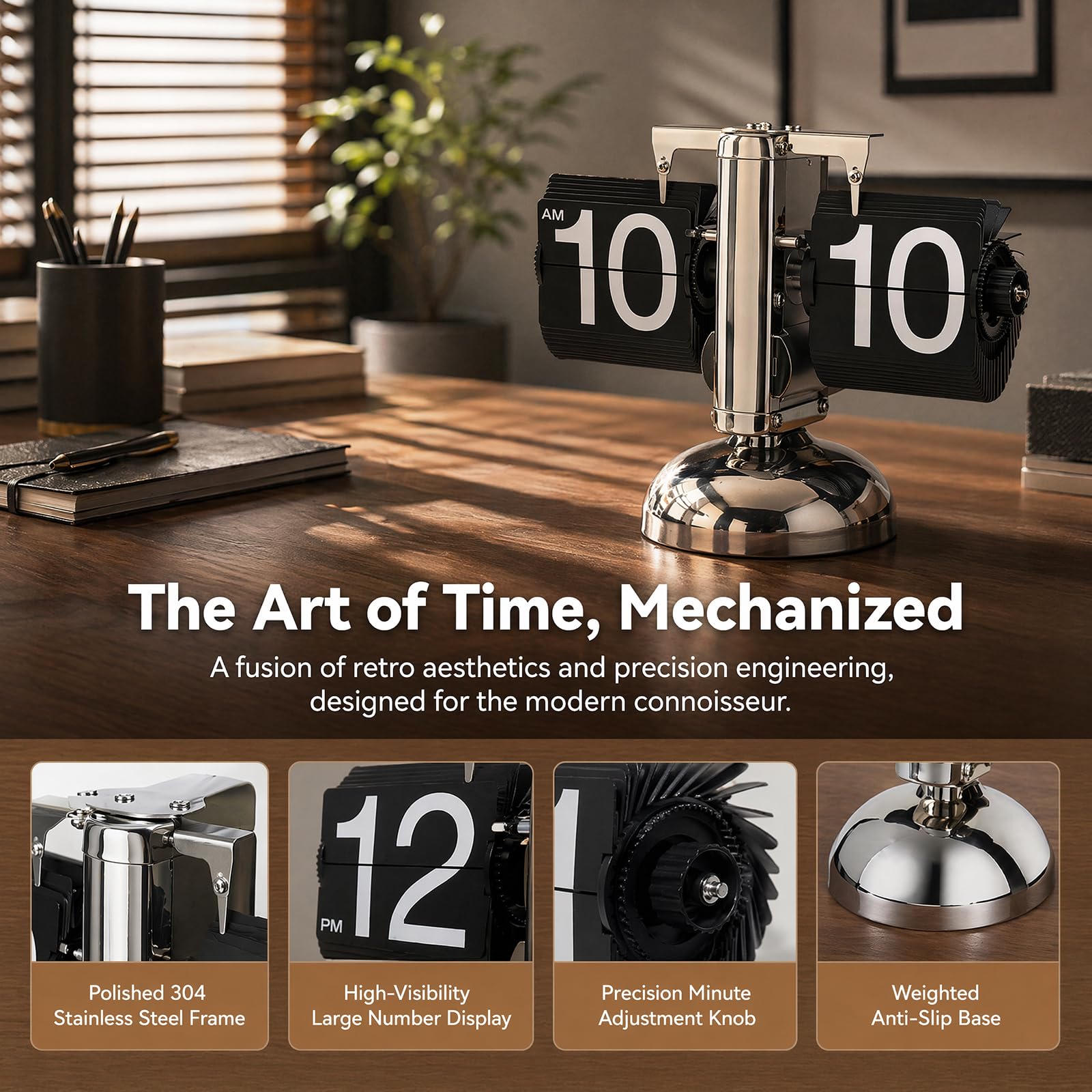 Reloj de escritorio con tapa y mecanismo de engranaje para casa y oficina, color negro