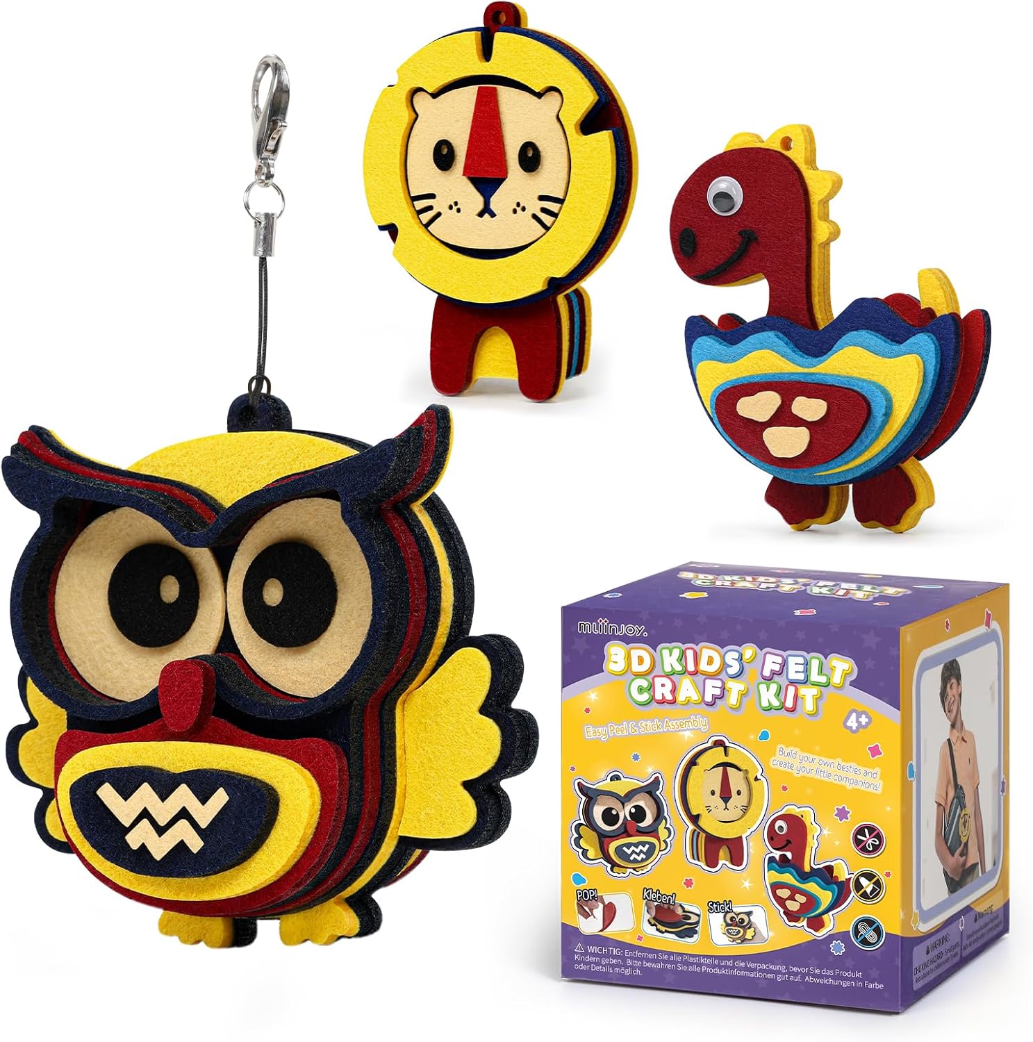 HENUIE Foam Stickers for Kids Crafts, DIY Foam Felt Kits Art Craft Activity Toys, Animals Puzzles Decoration Pendant, Easter Christmas Birthday Gifts for Boys Girls Ages 4-8 (owl, Lion, Dinosaur)