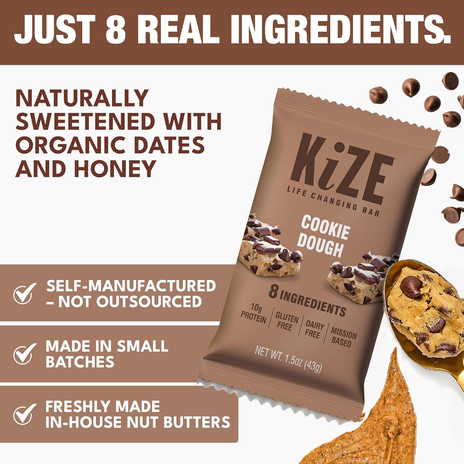 KiZE Energy Bars - Cookie Dough - 30-Count - Gluten Free, Dairy Free, Non-GMO, and High Protein Meal Replacement Energy Bars, Clean and Simple Food Ingredients - 10g High Protein Snacks (30 Count)