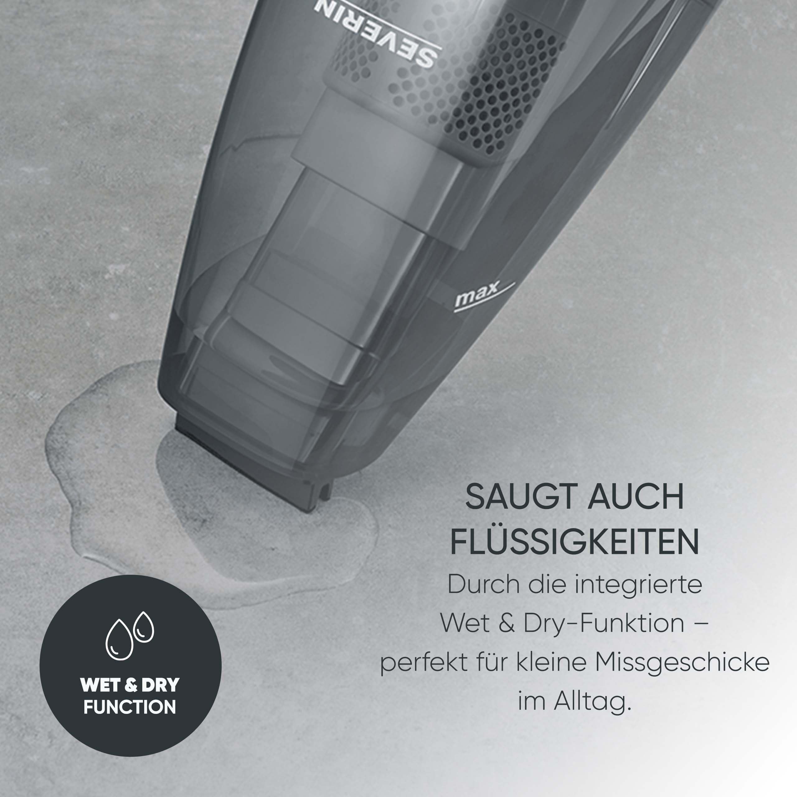 Severin 4-in-1 Akku-Handstaubsauger, kabelloser Nass- & Trockensauger für Autositze, Handsauger für Tierhaare & Flüssigkeiten, bis zu 30 Min Laufzeit im Eco-Mode, weiß-graurot, HV 7146