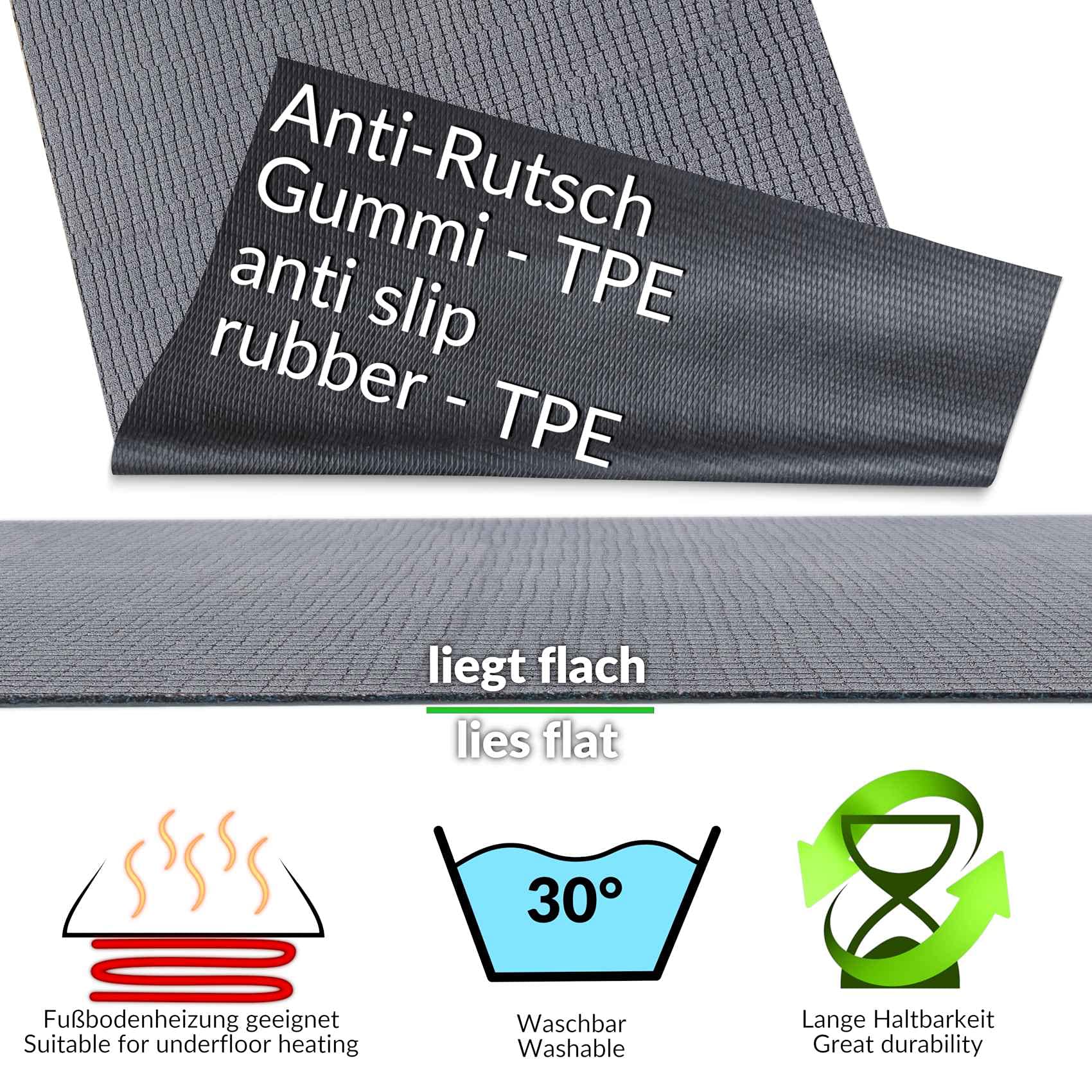 ANRO Teppich Läufer Flur Küchenteppich Schmutzfangmatte Sauberlaufmatte rutschfest Velours Grau 65x500cm Modern