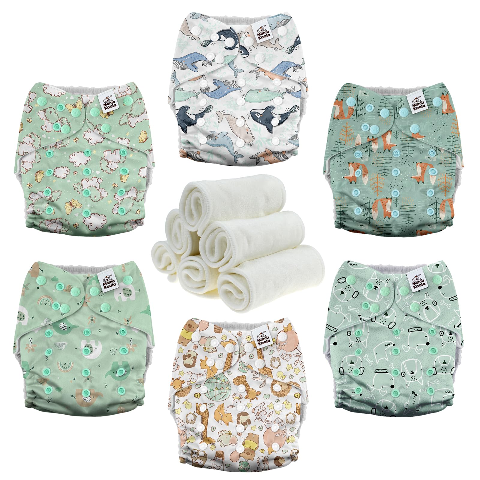 Mama Koala 3.0 Pocket Cloth Diapers for Babies with AWJ Lining, 6 Pack with 6 4-Layer Natural Cloth Diaper Inserts - Reusable and Washable Pocket