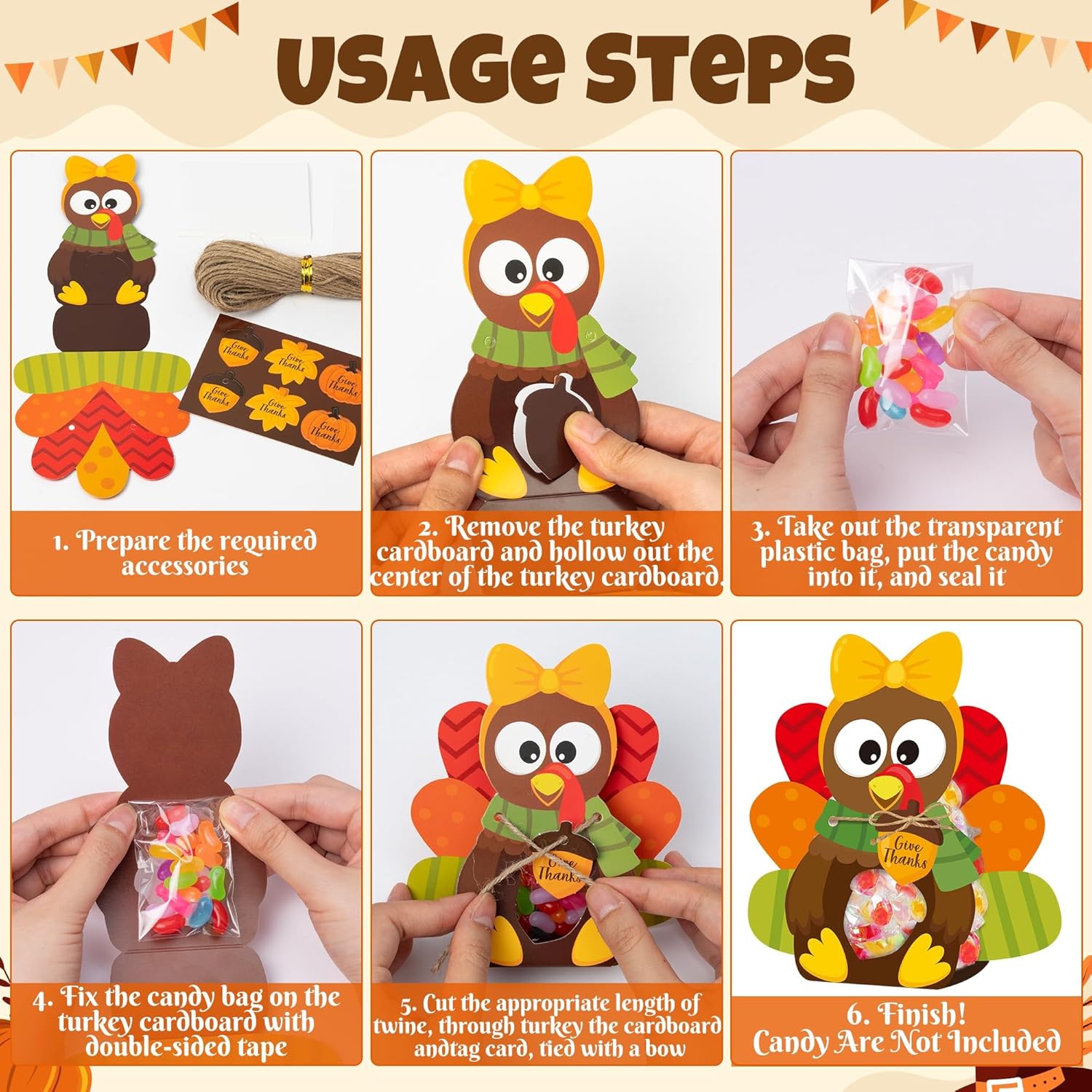 B1ykin Thanksgiving Candy Bags - 36 Sets DIY 3D Cute Fall Candy Holder Goodie Treat Bags with Clear Window Name Tags Cards, Autumn Exchange Gifts, Classroom Party Favor for Kids (Turkey) - Image 3