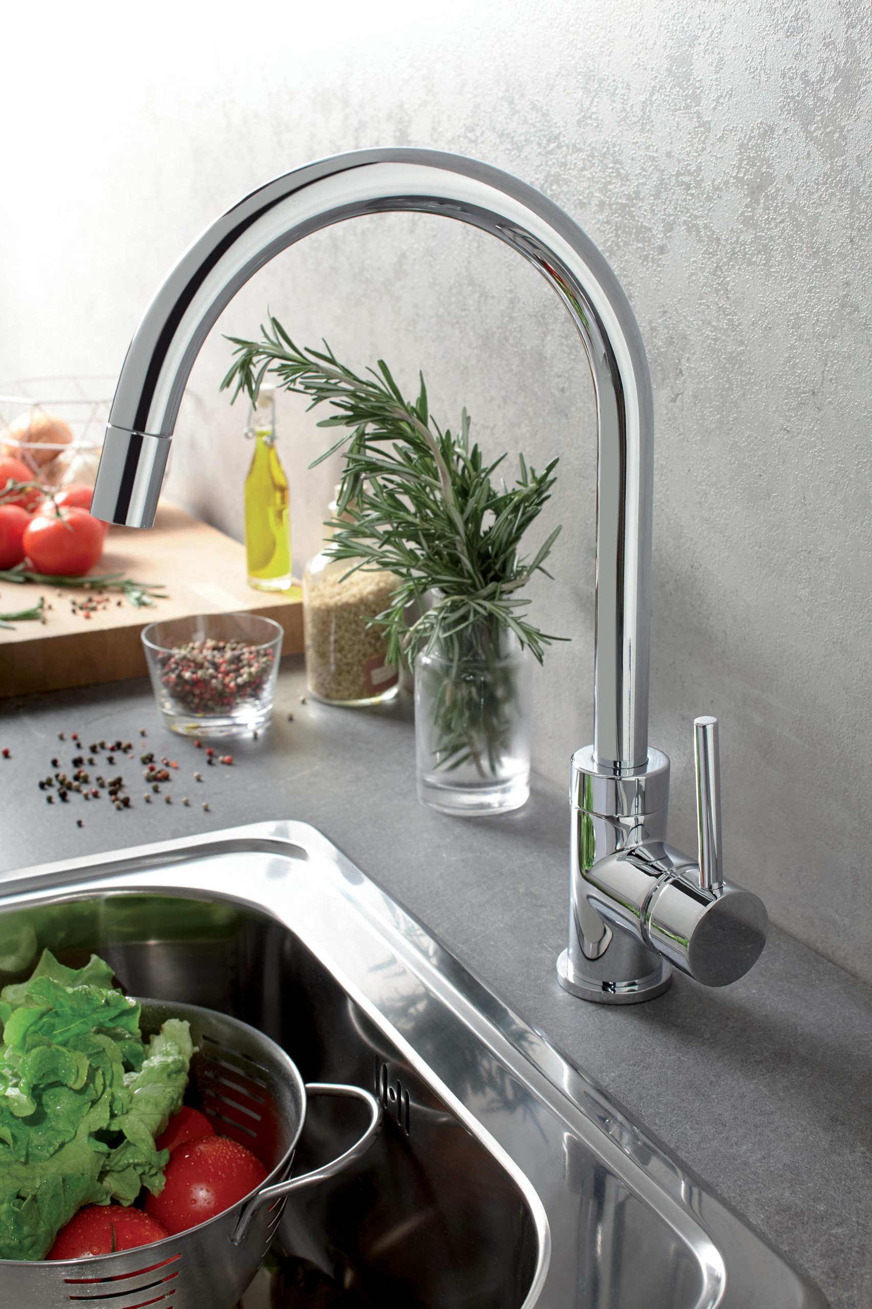 JACOB DELAFON Grifo de cocina con ducha extraíble Caño giratorio 360 grados Ahorro de agua y energía Maneta moleteada para agarre perfecto Color Cromo EDOUARD E23308-CP
