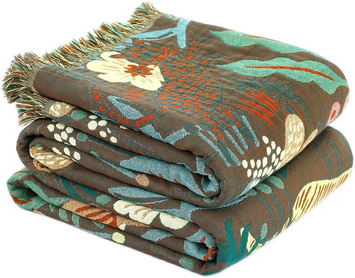 Boho Throw Blanket for Bed - 100% Cotton Ultra Soft Rustic Quilt Summer Blanket - Forest Tiger Printed Farmhouse Decor Bed Blankets,60"×80" All Season Rustic Throw for Sofa Couch Chair