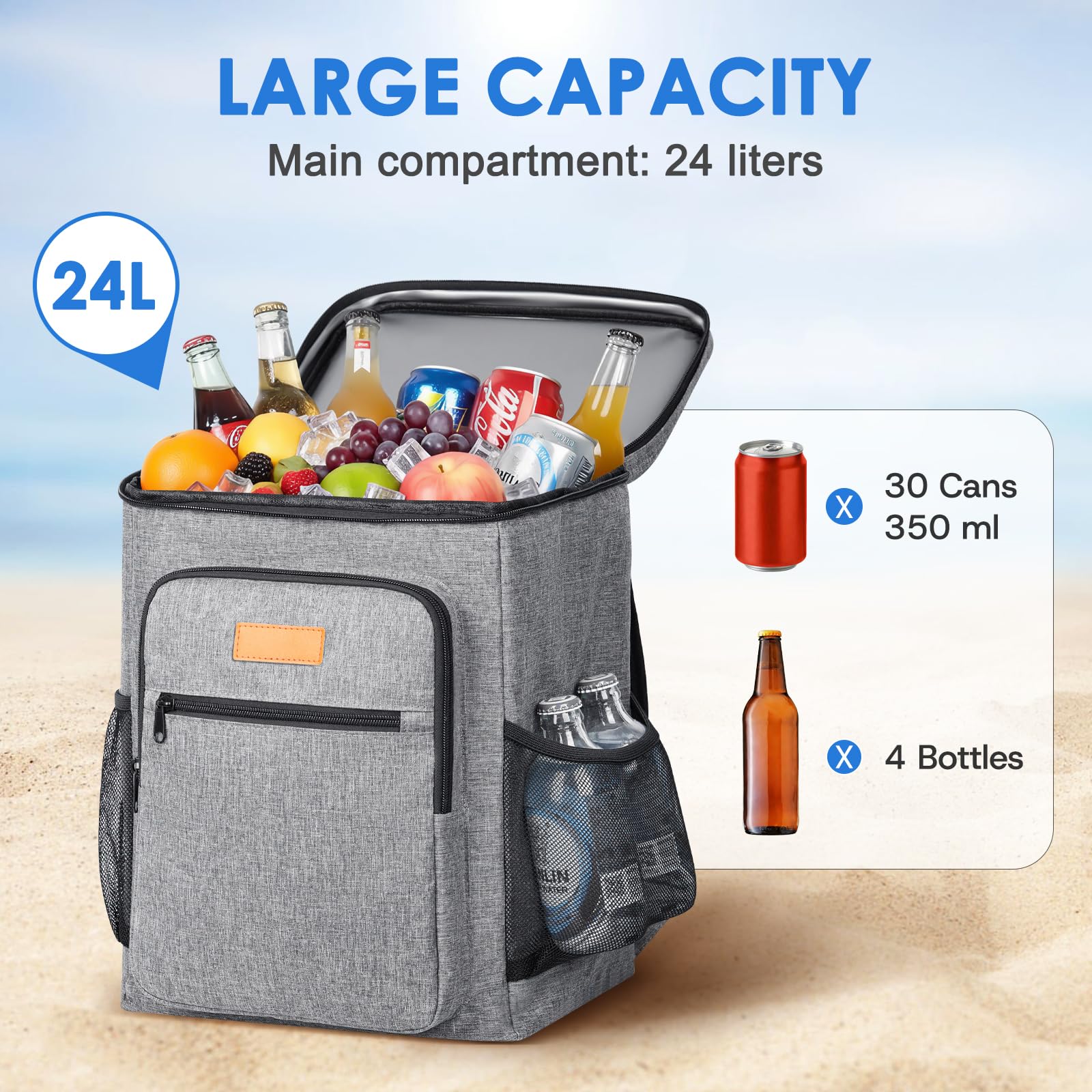 Kühlrucksack 30 Dosen Kühltasche 24L 14h Kühlung Isolierter Picknickrucksack Wasserdicht Kühlbox Thermo Rucksack Cooler Bag Groß Lunchtasche für Wandern Camping Strand Picknick Grillen Reisen Arbeit