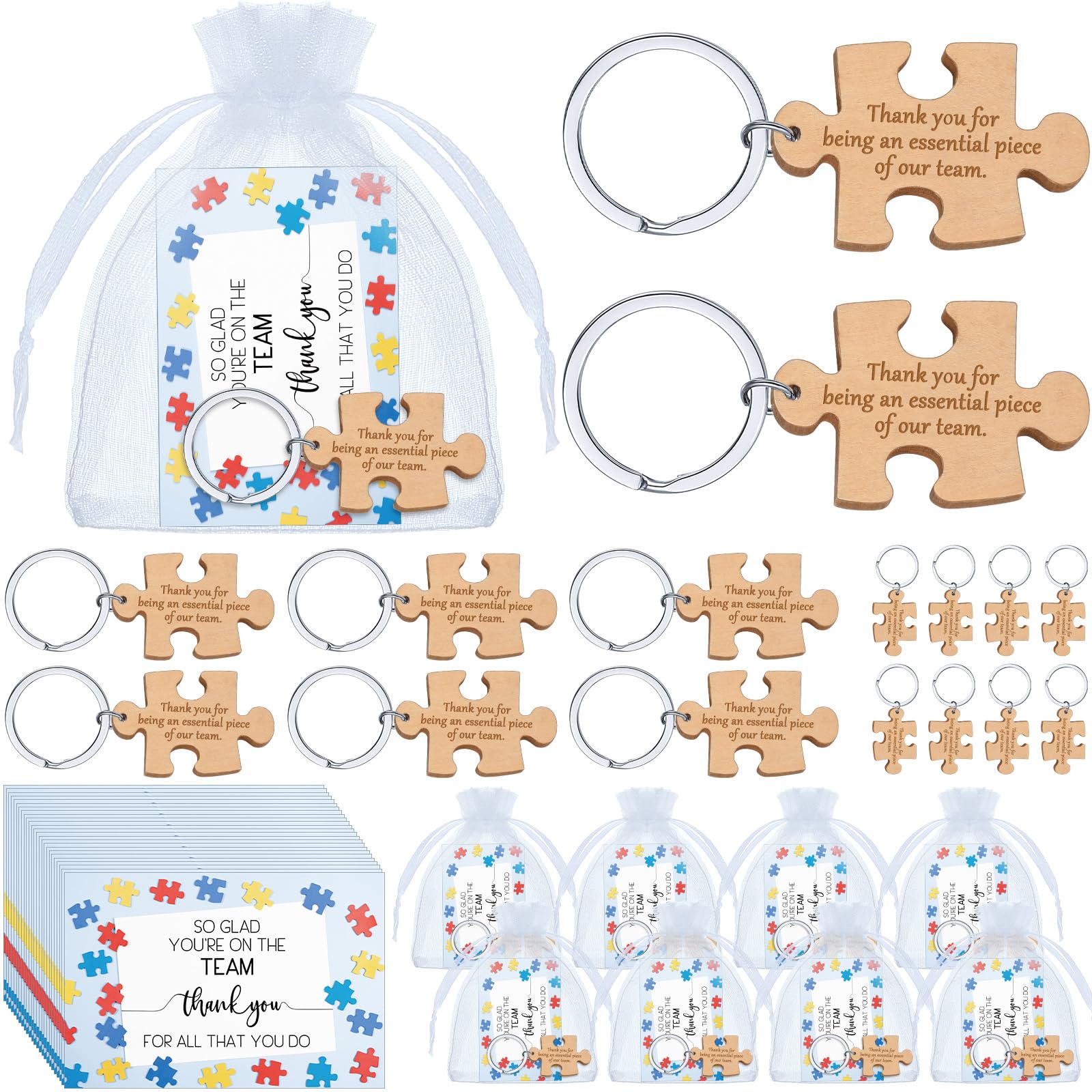 Resurhang Team Appreciation Gift Bulk Wooden Puzzle Keychain Inspirational Thank You Keyring with Card for Employee Coworker