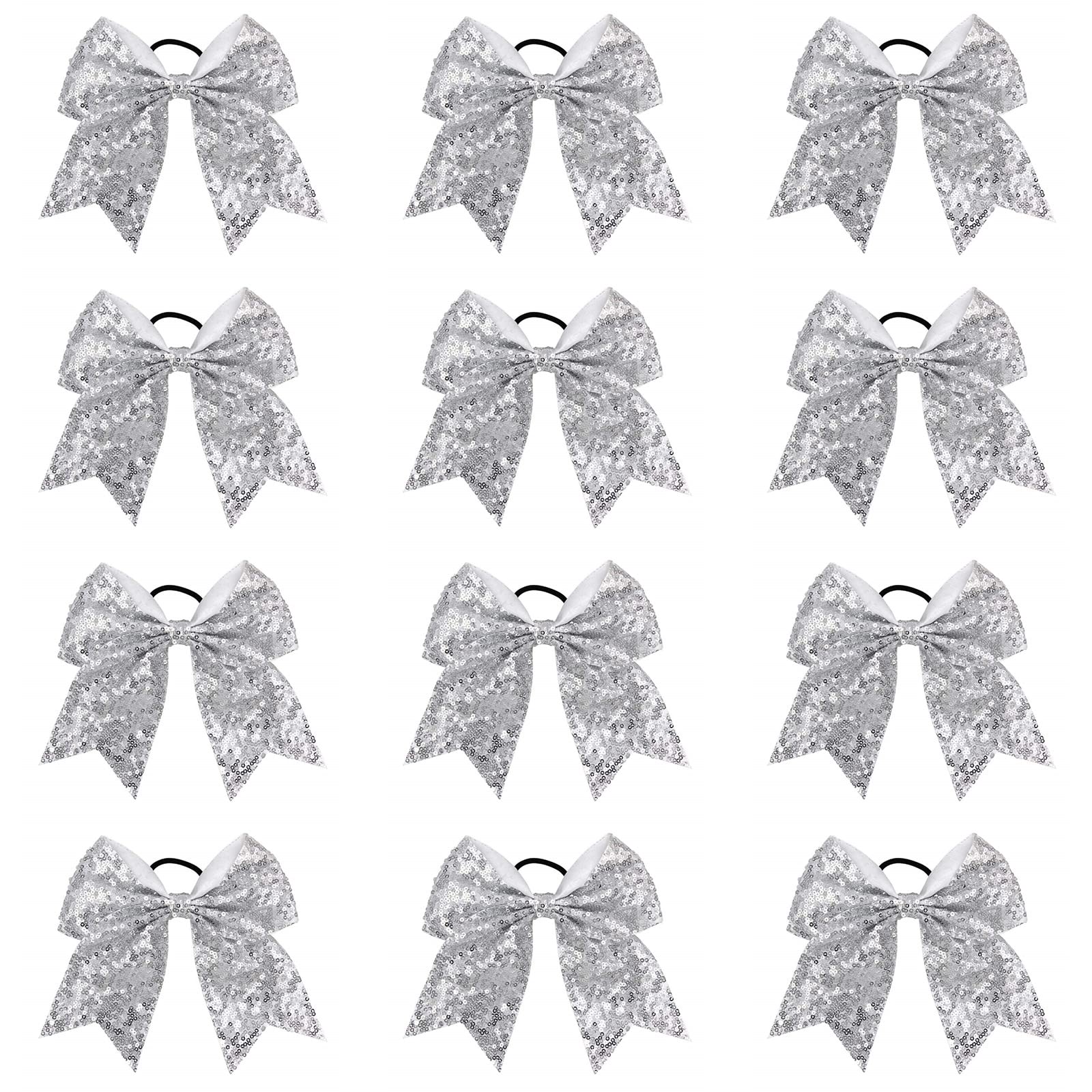 Caenagrion 12 PCS 7" Sequin Silver Cheer Hair Bows Ponytail Holder Elastic Band Handmade for Cheerleaders Teen Girls College Sports