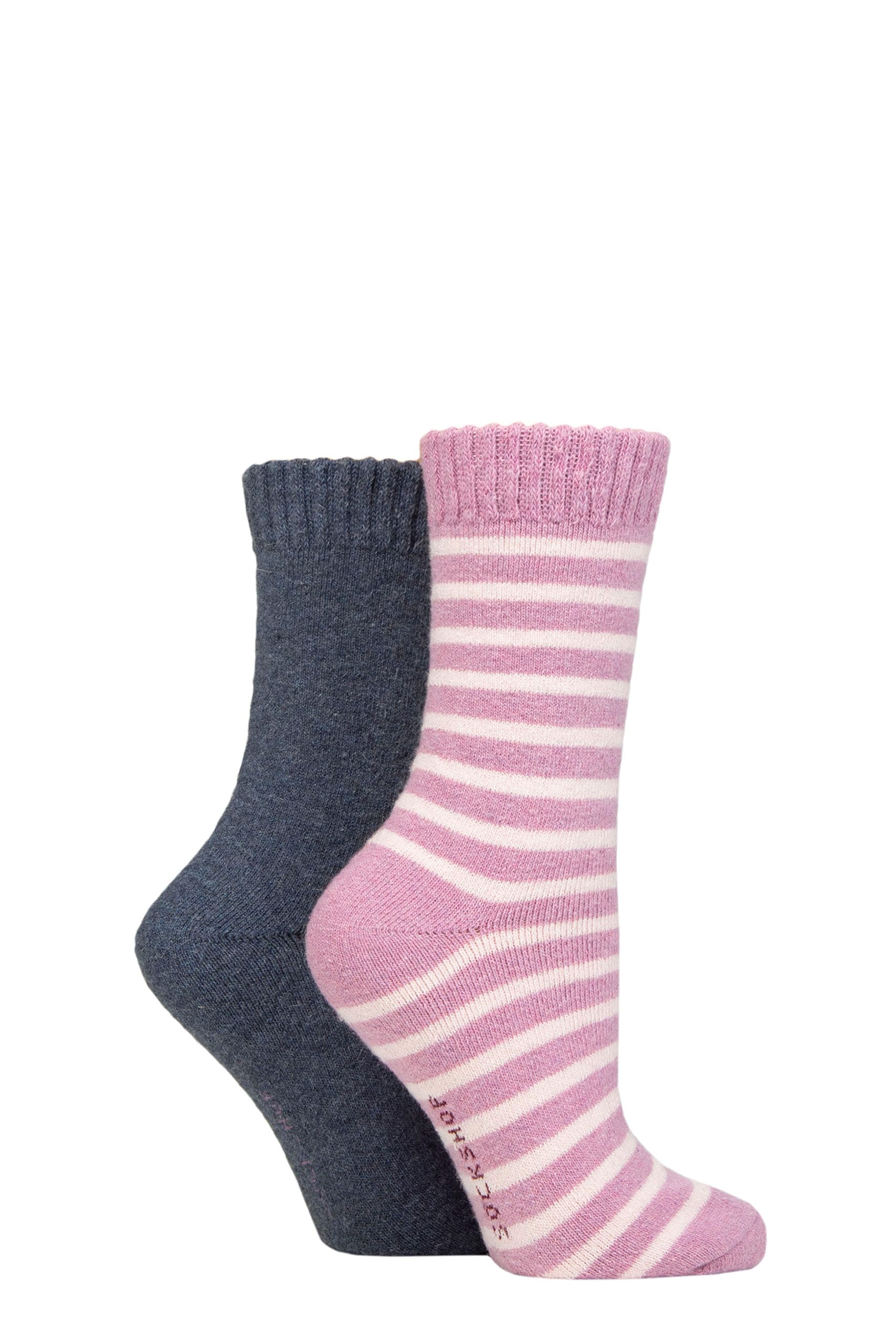 Sockshop Women's Smokey Pink Striped Cushioned Boot Socks - Wool Mix Striped & Plain In A 2 Pair Multipack For Outdoors, Hiking & Walking (As8, Numeric, Numeric_4, Numeric_8, Regular, Regular, )
