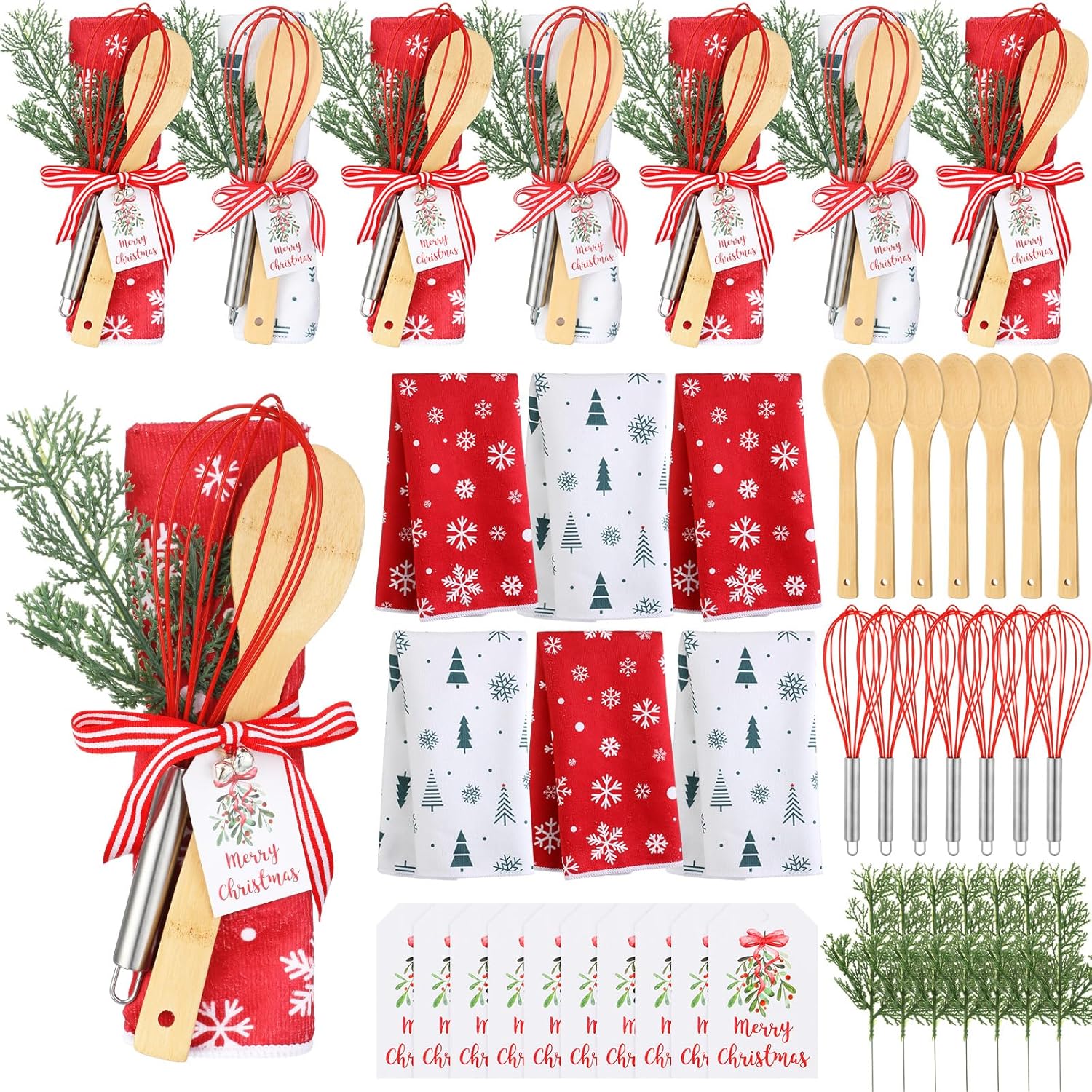 Vesici 10 Pack Christmas Baking Gift Set Christmas Kitchen Towels Snowflake Dish Towels with Red Whisks, Bamboo Spoons, Jingle Bells, Greeting Cards and Pine Sprigs Gift for Xmas Kitchen Supplies