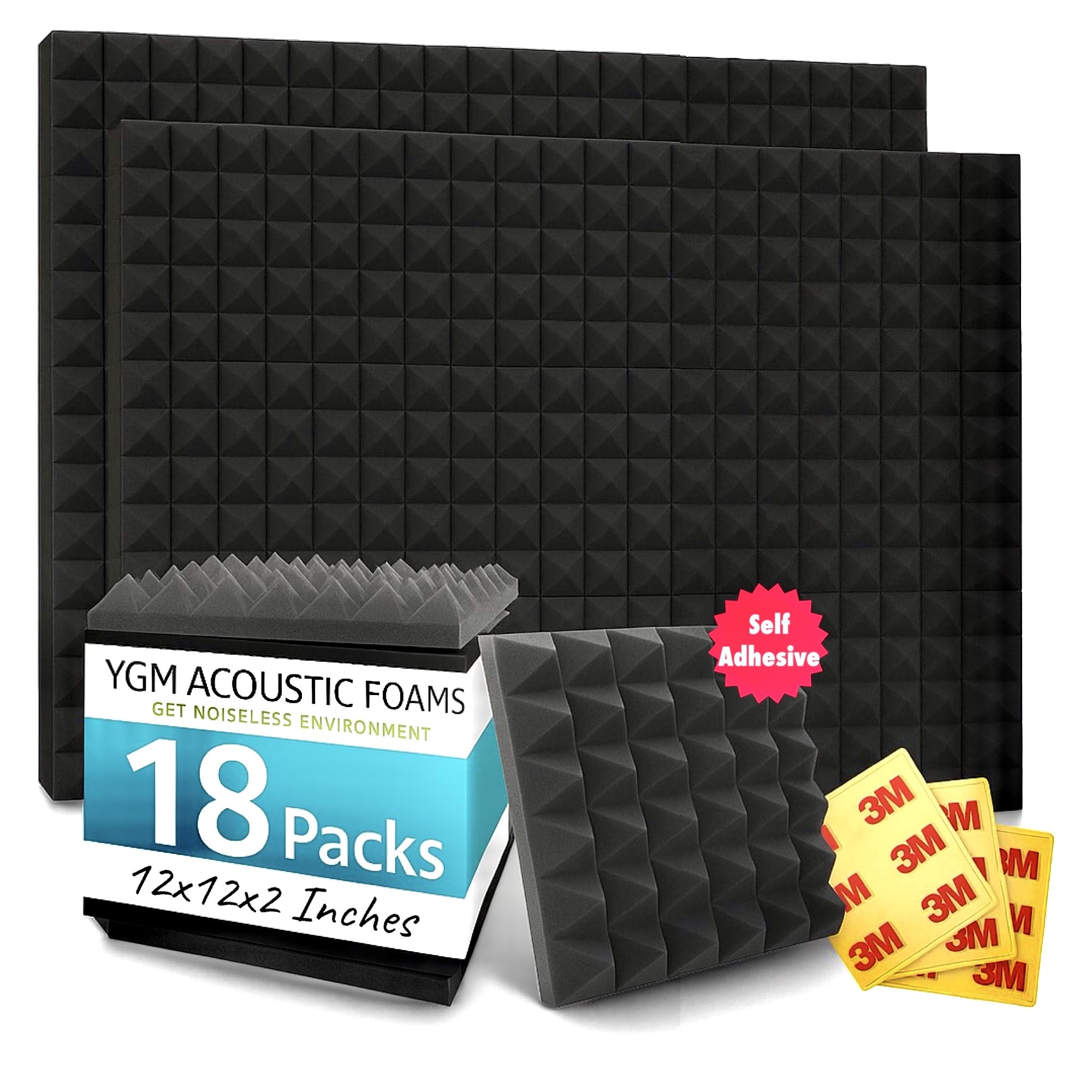 YGM Acoustic Foams® Pyramid Acoustic Panels 12″×12″×2″ Thick | 38 Density Acoustic Foams for Echo Reduction & Sound Absorption | Sound Proof Foam for Room & Studio | Charcoal Black, Set of 18 — Amazon image 27