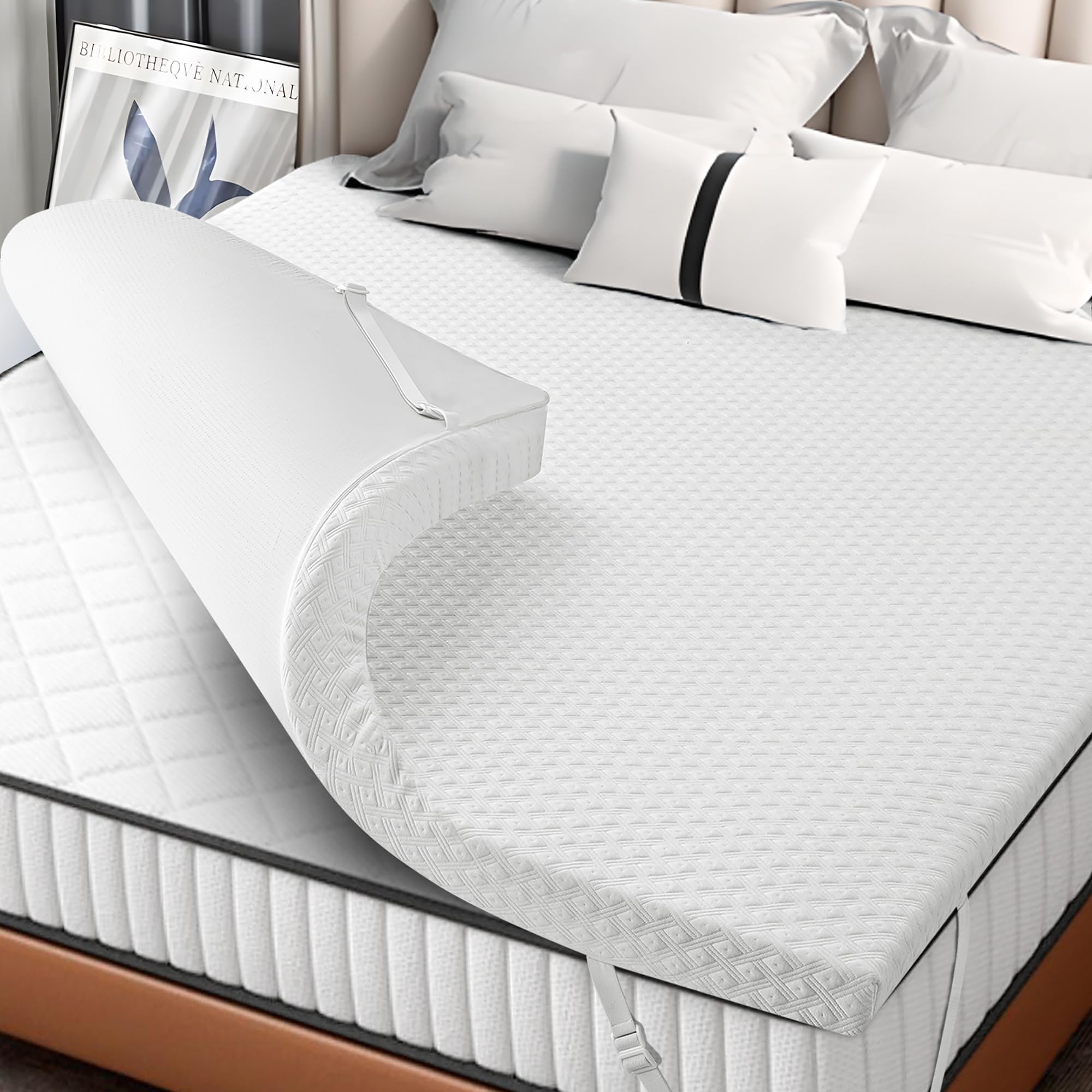 BEDHOURS Cubrecolchón de espuma viscoelástica de gel de 3 pulgadas, cubrecolchón refrescante con funda extraíble, almohadilla de colchón suave ventilada para alivio de presión (blanco, Queen)