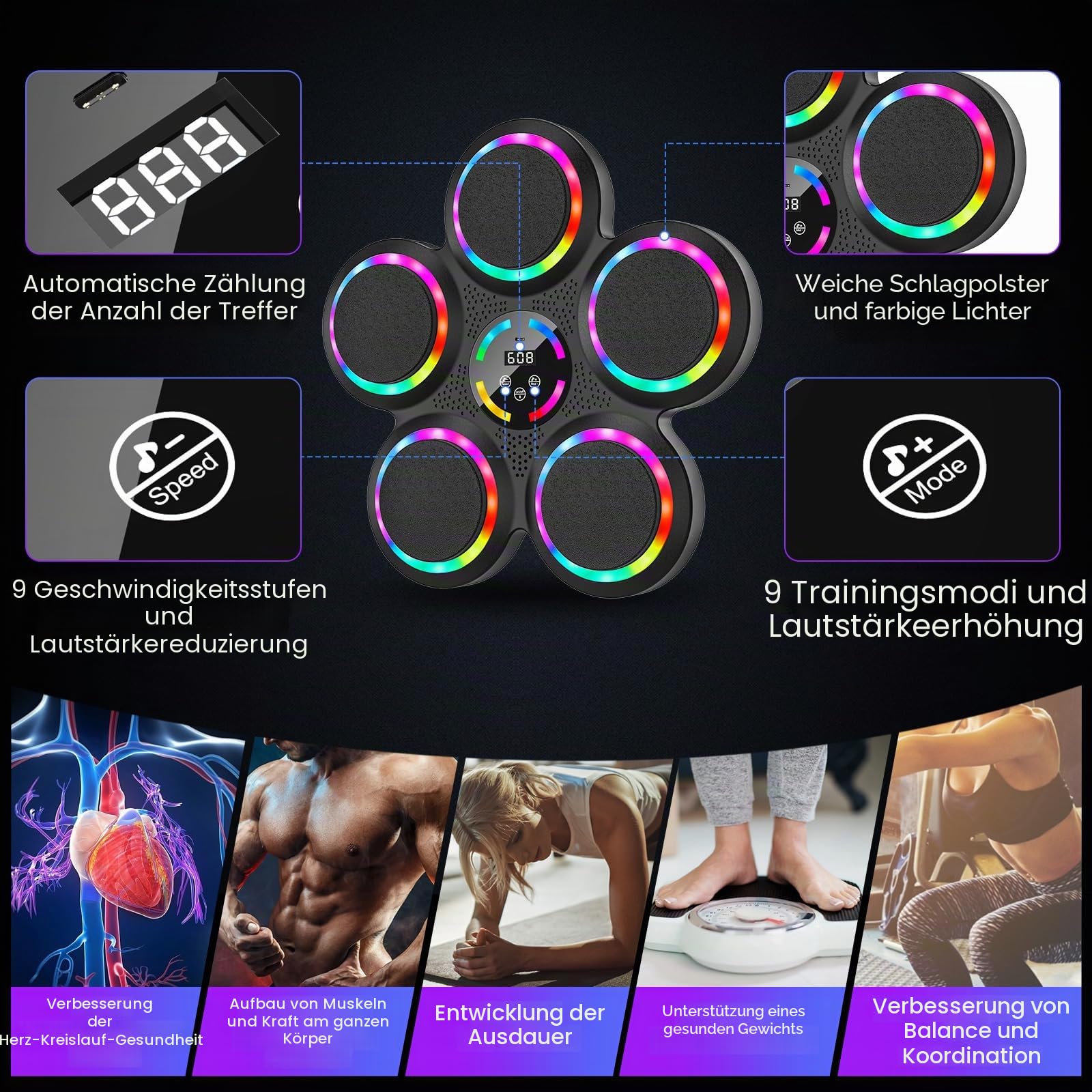 Music Boxing Machine, LED Elektronische Musik Boxing Machine mit 2 Boxhandschuhen, 9 Geschwindigkeiten, 9 Einstellbare Modi, Automatische Zählung, Geschenk Für Erwachsene und Kinder Exercise
