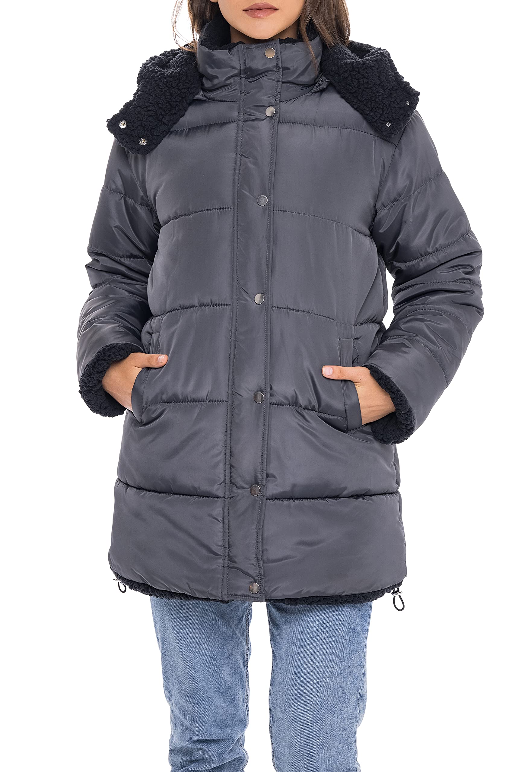 S.E.B. by SEBBY Puffer Jacket, Long Insulated Winter Coat Hooded and Reversible to Cozy Sherpa Faux Fur and Faux Down Filled