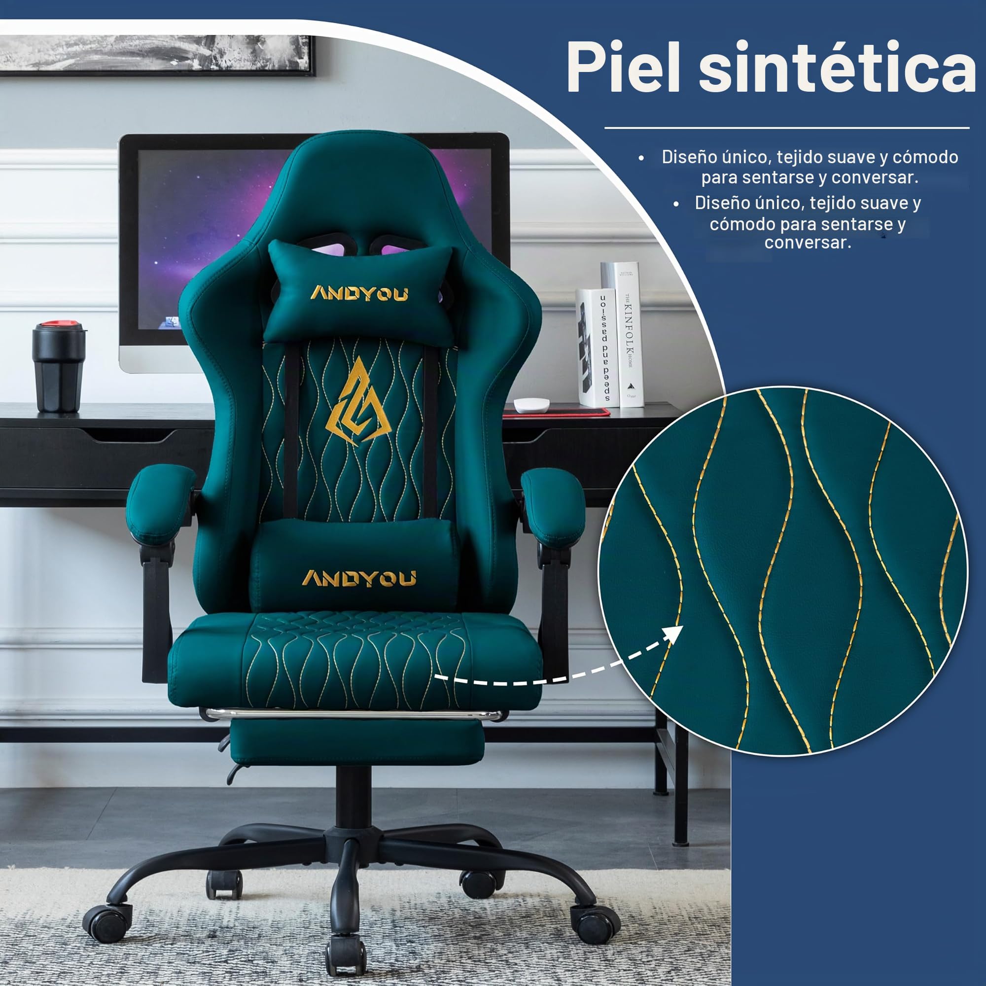 Andyou Silla Gaming Ergonómica Profesional con Soporte Lumbar - Silla Gamer para Adulto, Giratoria y Reclinable con Reposapiés Ajustable y Tela Transpirable, Soporte 150 kg para Oficina y PC