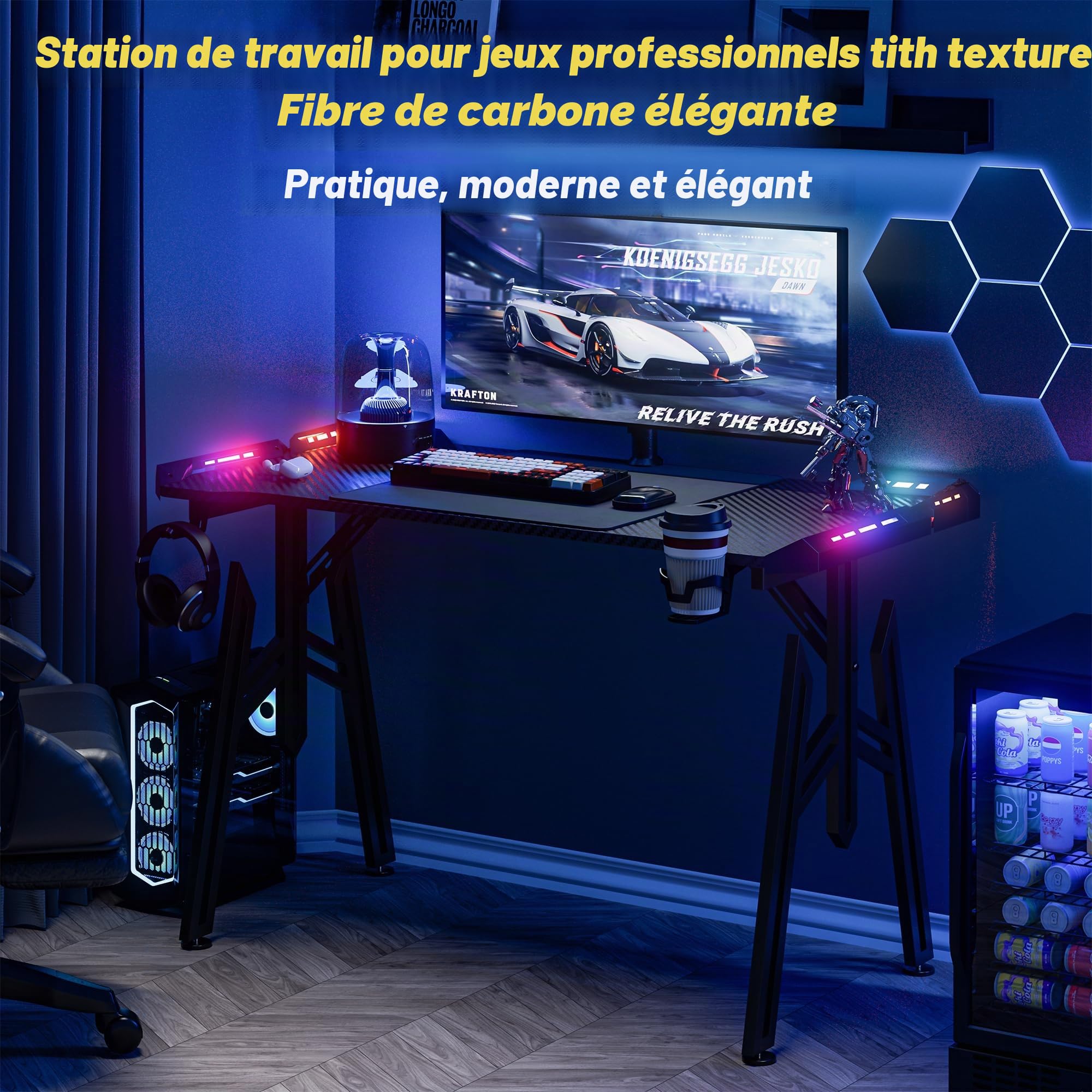 LZQ Bureau Gaming, LED, 140 x 60 cm, Table Gaming avec Porte-gobelet et Crochet pour Casque, Cadre en M, Ergonomique, avec Surface en Fibre de Carbone, pour Chambre à Coucher, étude, Noir