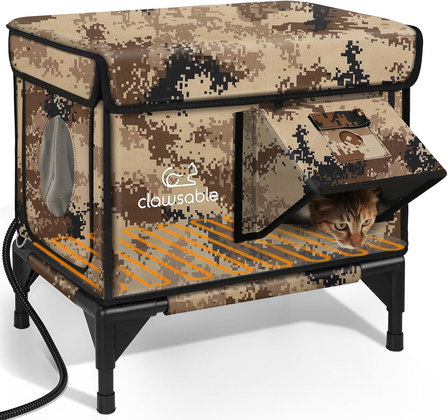 Indestructible Heated Cat House for Outside Winter, 100% Waterproof, Safe Escape Door, Insulated Outdoor Cat Shelter with Heater for Feral Barn Cat Kitty (Desert Camouflage, 12"x16"x18") Desert Camouflage 12"x16"x18"