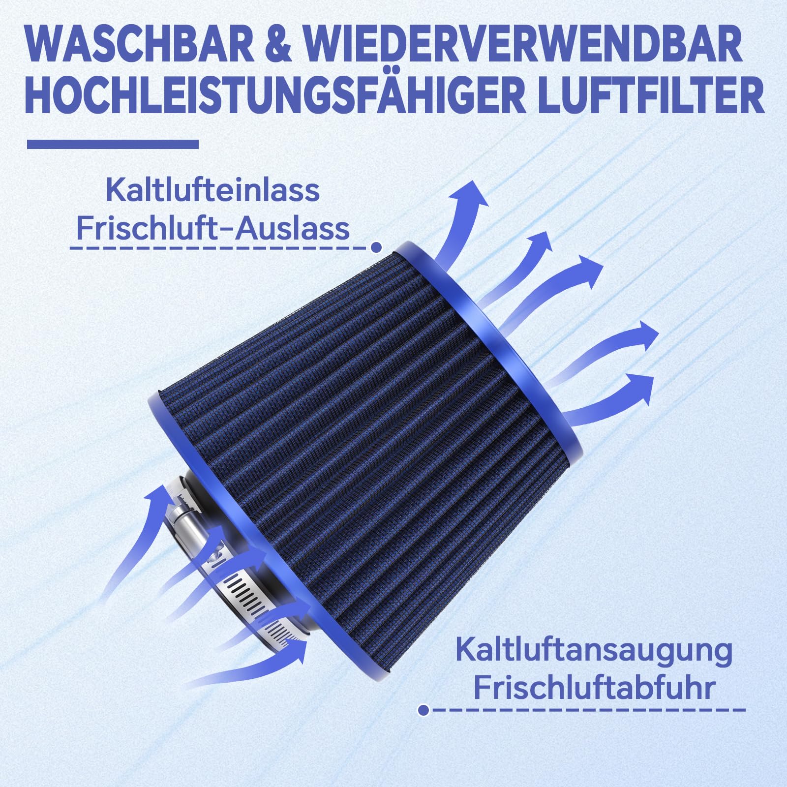 76mm (3") Universal Kaltlufteinlass Kit, Sportluftfilter mit Aluminium-Ansaugrohr & Silikonverbinder, Auto High-Flow Ansaugsystem für Tuning, Blau