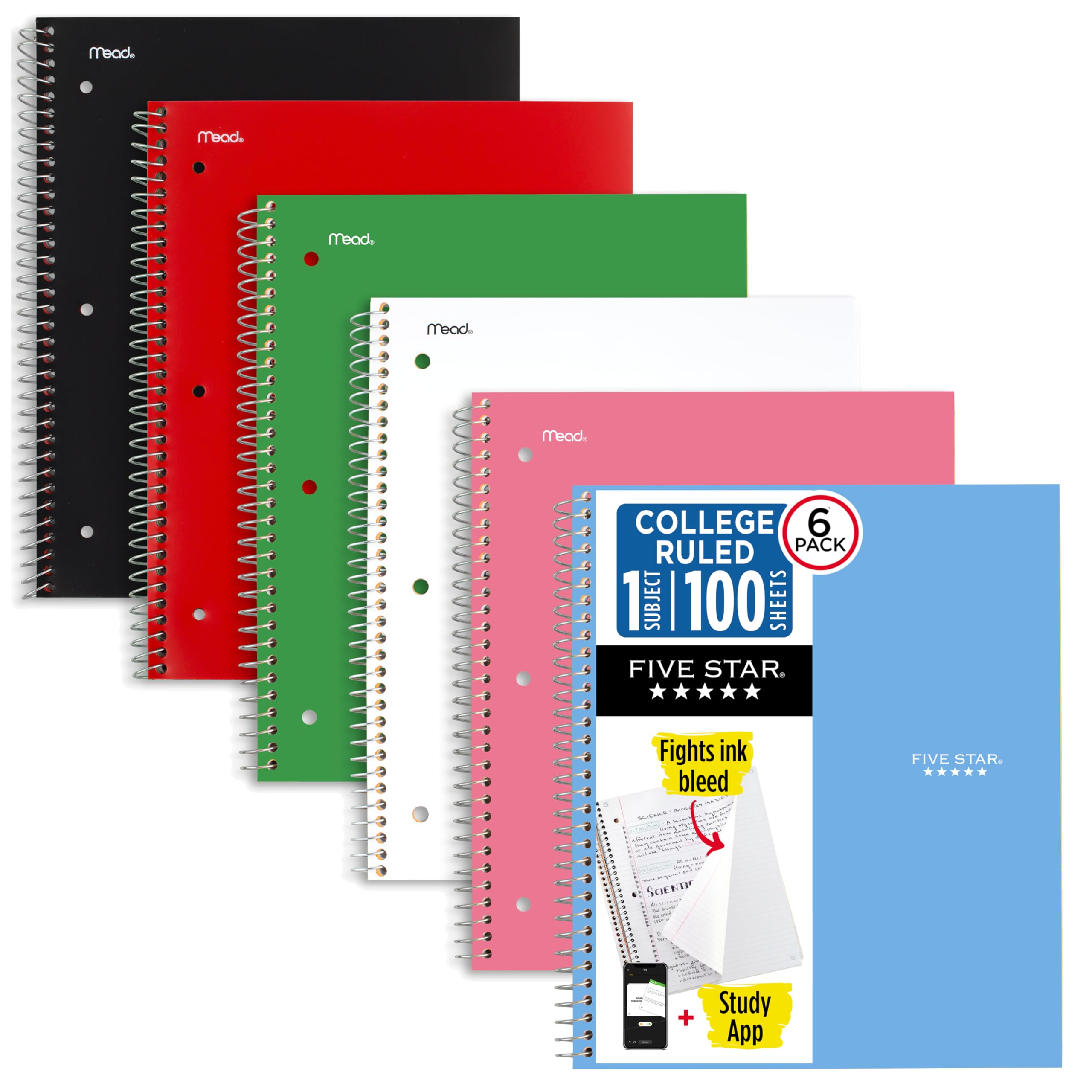 Five Star Spiral Notebook + Study App, 1 Subject, College Ruled Paper, 8.5" x 11", 100 Sheets, Assorted Colors, 6 Pack (820097)