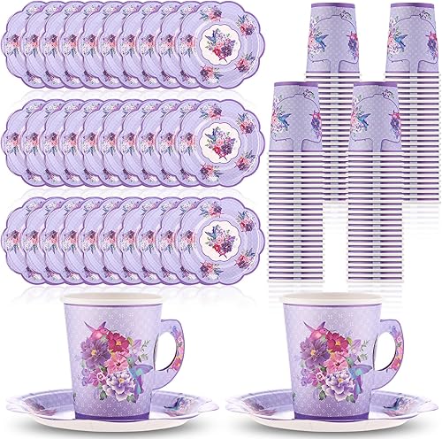 Miniatura 8 de Mifoci 200 suministros vintage para fiestas de té, incluye 100 platos de papel floral y 100 tazas de té de papel desechables de 9 onzas para bebidas
