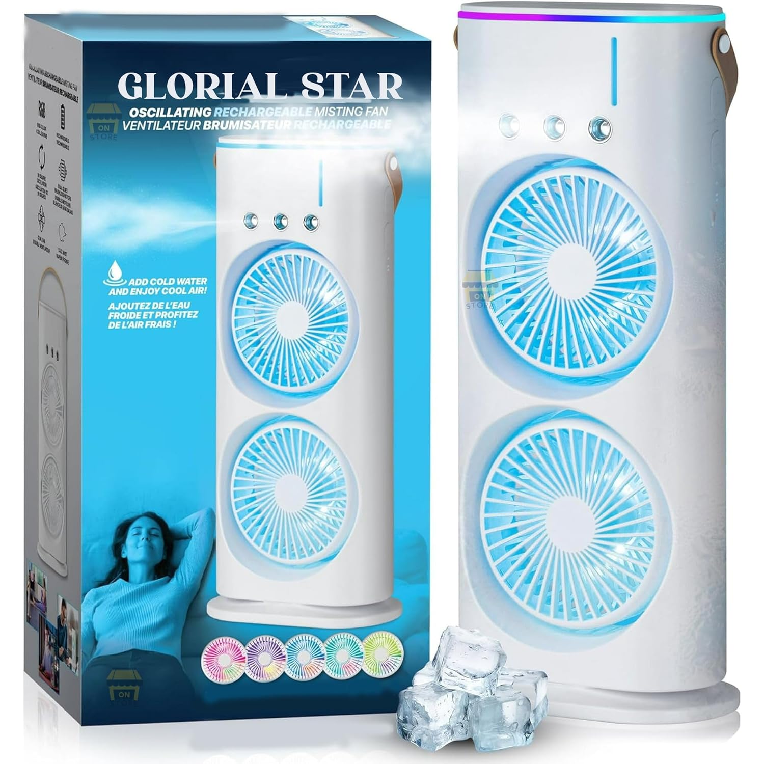 Double Layer Mini Air Cooler Fan with Mist & Water Tank, Portable USB Rechargeable Desk Fan with Ice Cooling, 3 Speed Personal Air Cooler for Home, Office & Travel (T9)