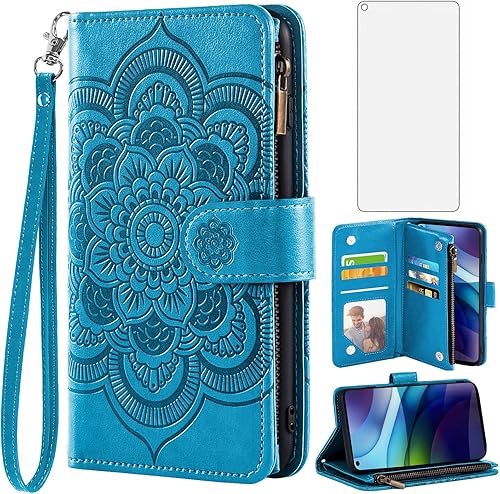 Asuwish Funda tipo cartera para Moto G Stylus 2021 4G y protector de pantalla de vidrio templado, funda de piel con tapa para teléfono celular