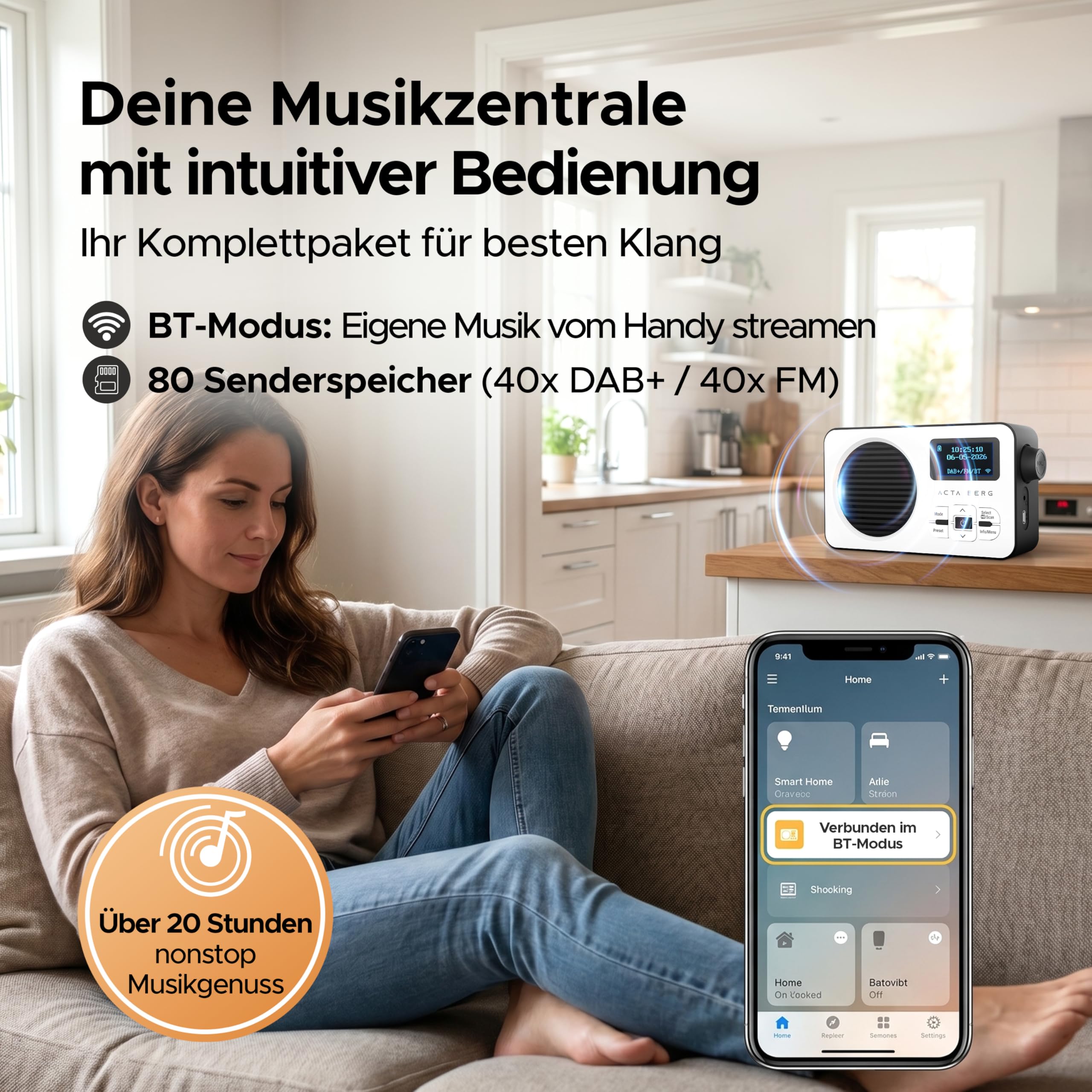 Acta Berg DAB Radio mit Akku 5000 mAh austauschbar & BT 5.3 (Weiß/Schwarz) | DAB+/UKW-Radio, Akku austauschbar + Netzstecker, 80 Senderspeicher, USB-C, tragbares Digitalradio, mit Wecker & Timer