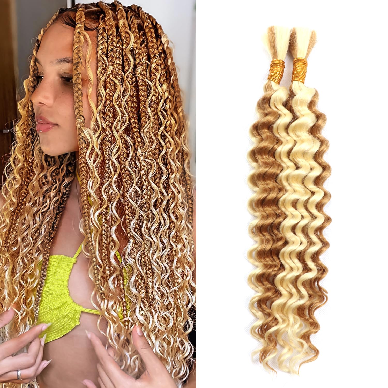 14 Inch 100g Boho Braids Human Hair Extensions For Braiding 2 Bundles Wet And Wavy Human Braiding Hair No Weft Curly Deep Wave Bulk Human Hair for Knotless Braids (P27/613#
