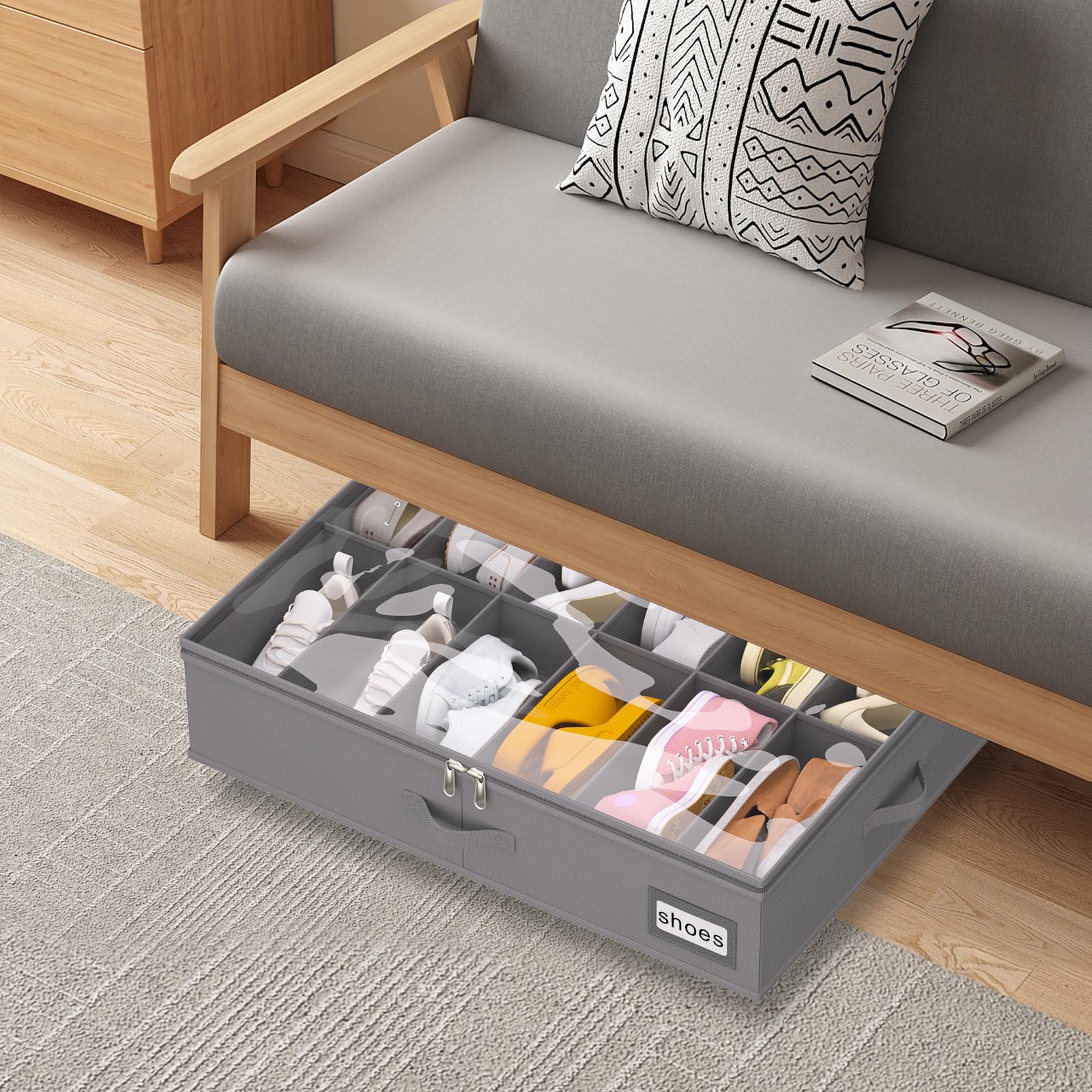 Unterbett-Schuh-Organizer mit Rollen für den Schrank, passend für 24 Paar, stabile Unterbett-Schuh-Aufbewahrungsbox, 2er-Set (grau)