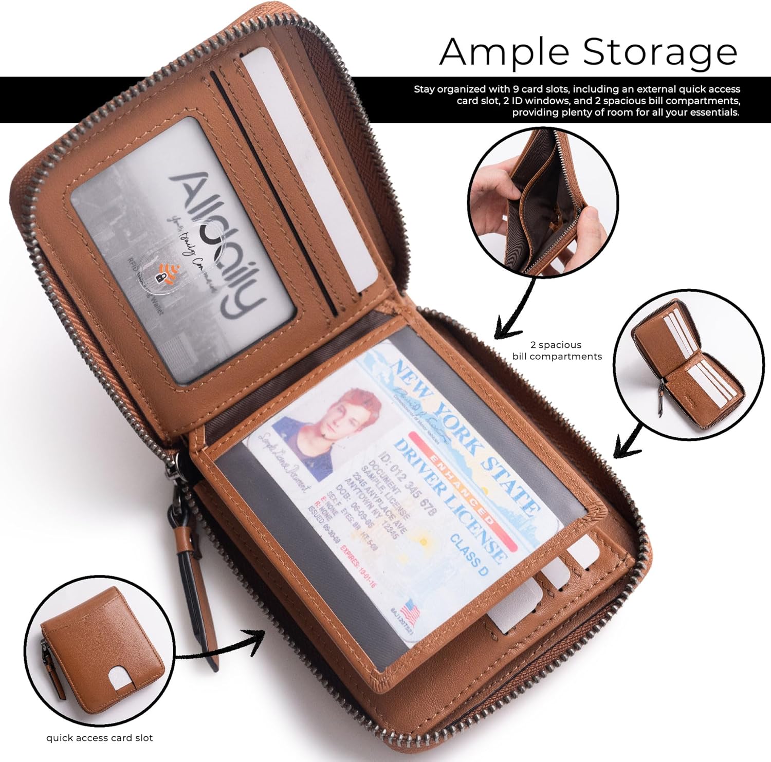 Alldaily RFID Blocking Wallets for Men with Zipper Bifold RFID Card Holder (Leather Brown) - Image 2