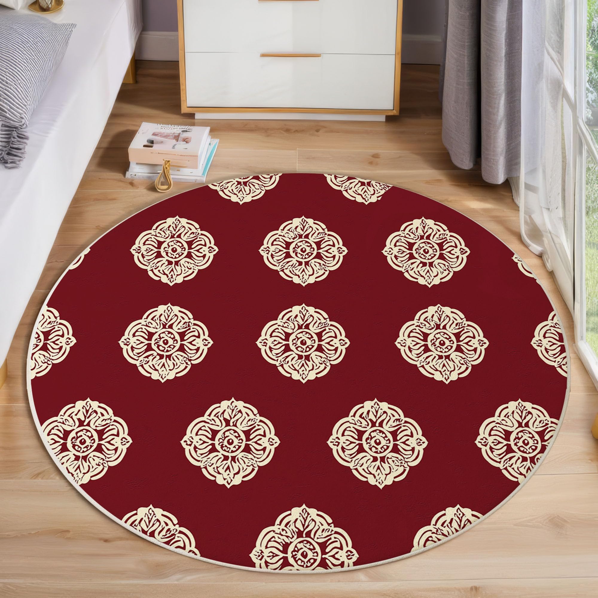 Tapis Rond 120cm, Microfibre Douce Tapis Circulaire Ethnique Art, Moquette Salon Chambre, Imprimés Symétrie Mandala Antidérapant Lavable Moquette de Décoration, Bordeaux