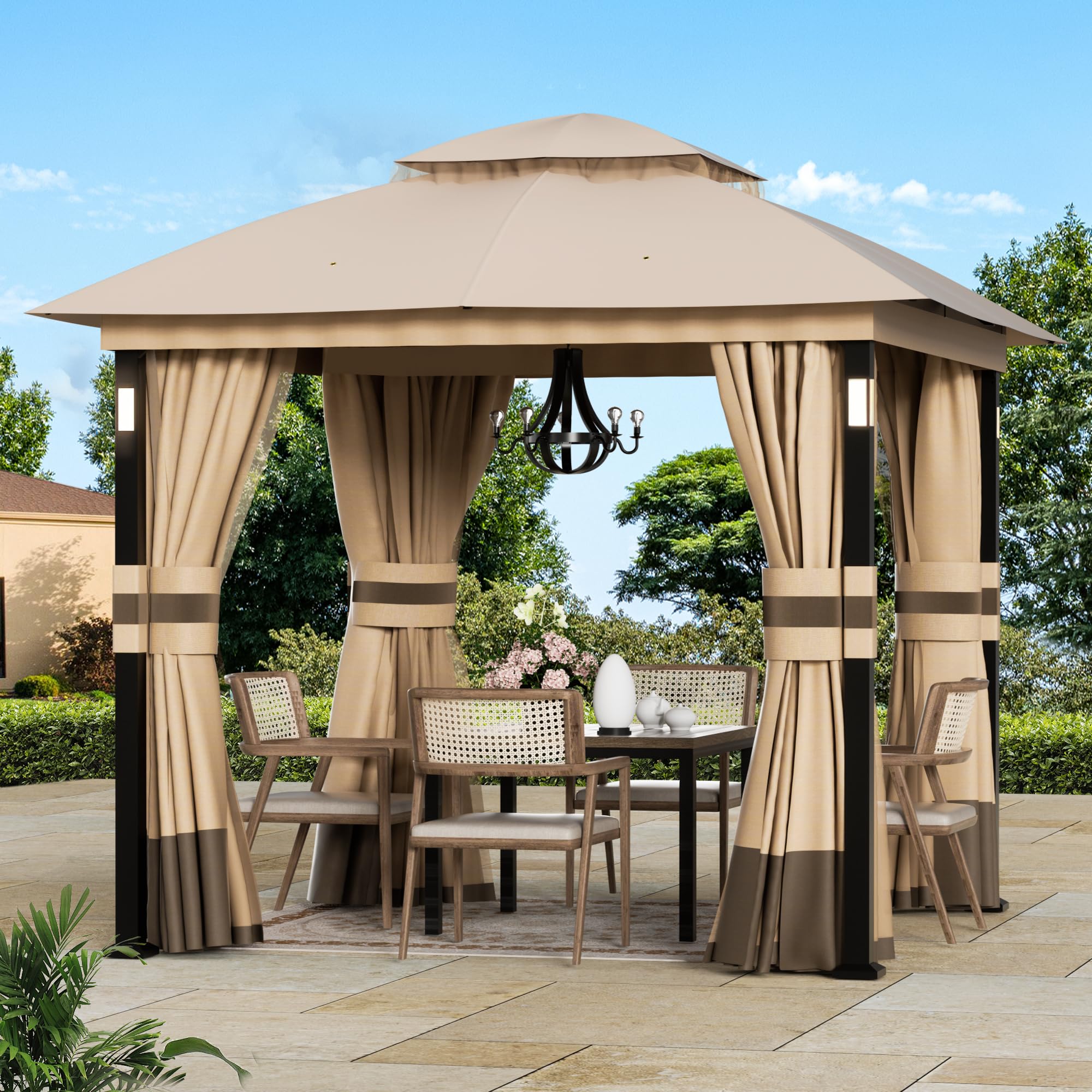 Modern Shade Gartenpavillon Doppeldach 2,4 x 2,4m mit LED-Beleuchtung & Bluetooth-Lautsprecher, Robuste Außenmarkise mit Metallrahmen, Pavillon mit Stoffdach, Netz und Vorhängen für Garten, Khaki