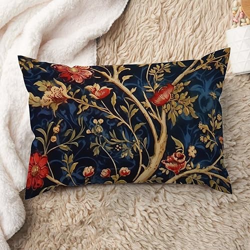 ArogGeld Chinoiserie - Funda de cojín lumbar asiática, color azul marino y rojo, funda de almohada botánica con estampado floral burdeos dorado